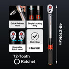 Hairich Drehmomentschlüssel Auto 1/2 Zoll, 40–210 Nm, TÜV Süd GS geprüft, 6-tlg. Drehmomentschlüssel Set mit 125 mm Verlängerung, 1/2"-3/8" Adapter & 3 Stecknüssen – Für Reifenwechsel & Motorrad