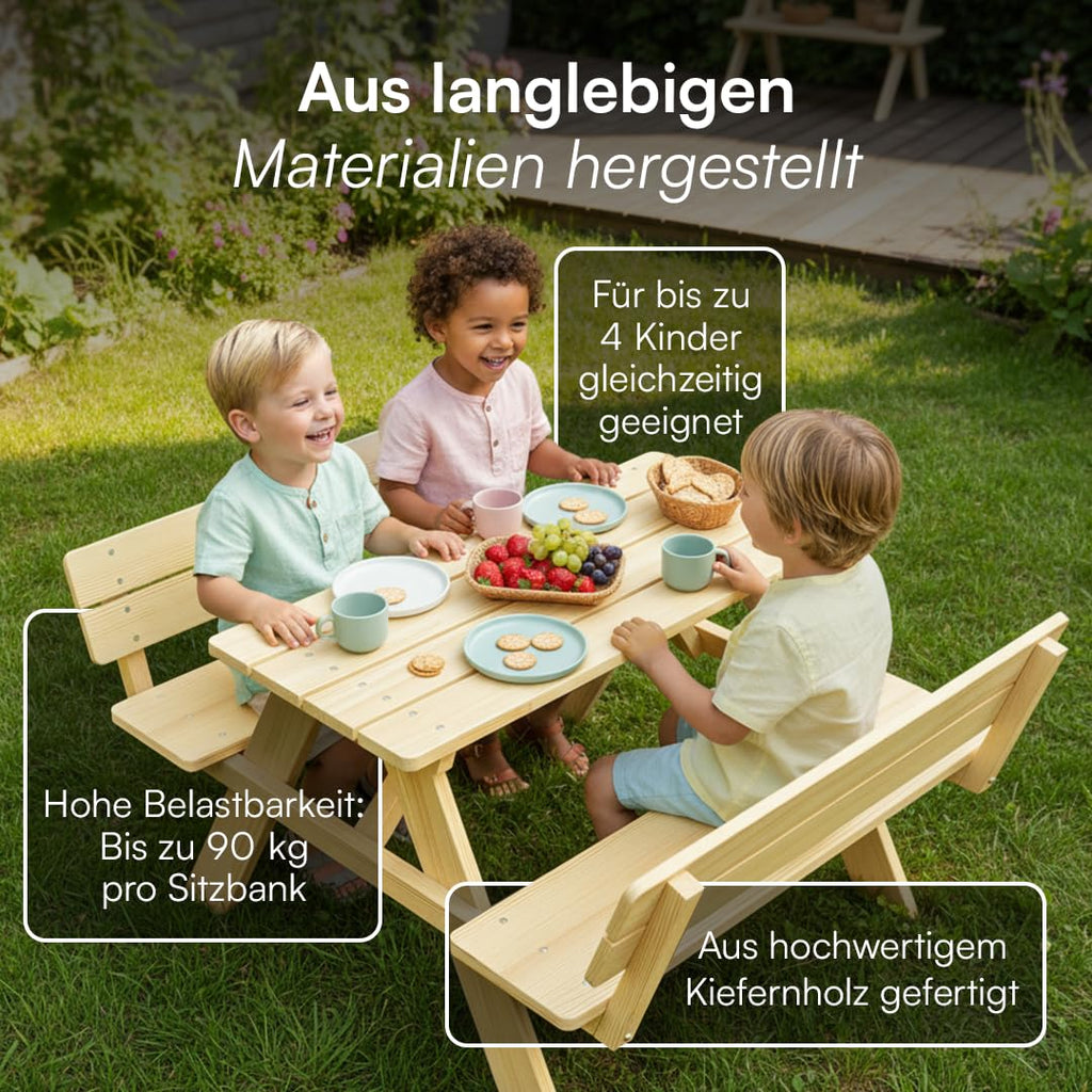Bellabino Inny Kindersitzgruppe für 4 Kinder – Kindertisch mit 2 Bänken mit Lehne – Sitzbank Outdoor 30cm Höhe – Kinder Sitzgruppe in Natur aus Kiefernholz unbehandelt – Kinderbank für den Garten