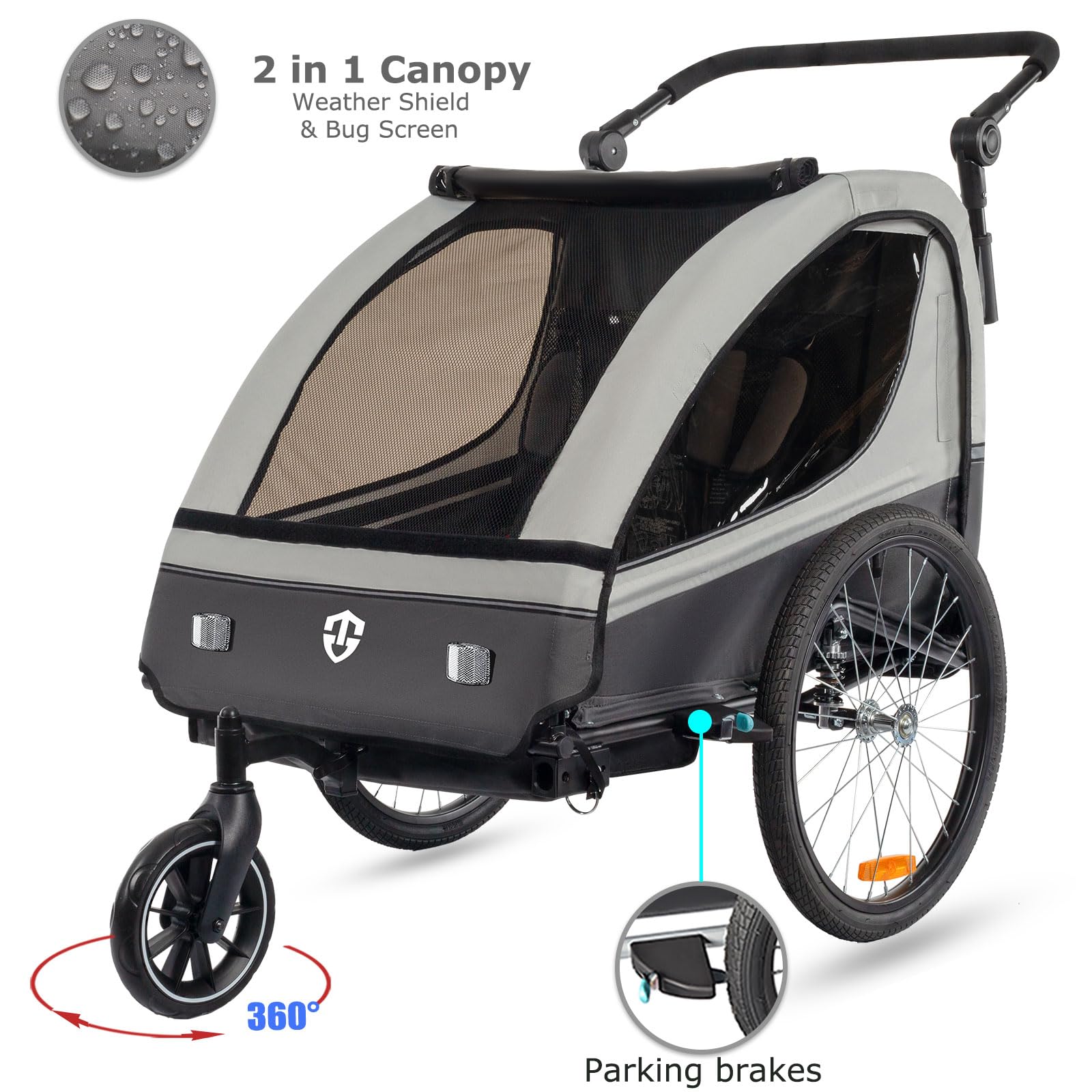 Tiggo VS Kinderanhänger 360° Drehbar mit Federung 2in1 Fahrradanhänger mit Buggy Set Jogger 5-Punkt Gurt Fahrrad Anhänger für 1 bis 2 Kinder max. 40kg (Grau)