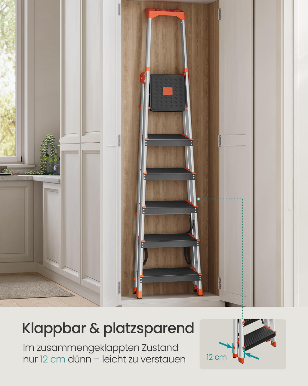 SONGMICS Leiter mit 6 Stufen, Aluleiter, 12 cm breite Stufen mit Riffelung, Anti-Rutsch-Füße, mit Handlauf, Werkzeugschale, bis 150 kg belastbar, schwarz-orange GLT06BK