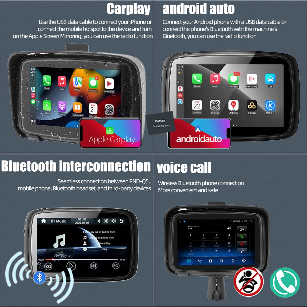 GOFORJUMP Wireless CarPlay & Android Auto 5" Zoll Touchscreen Motorrad Navigator IPX7 wasserdichte Motorrad Bluetooth Verbindung