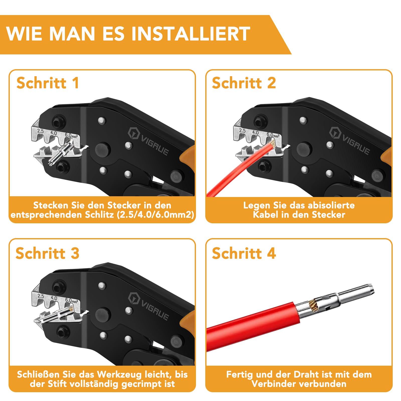 VIGRUE Solarstecker mc4 Stecker, mc4 Crimpzange Set für 2.5/4/6mm² Solarpanel PV Kabel, Männlich/Weiblich Solarpanel Kabelstecker, Ip68 Wasserdicht pv Stecker mit Crimpzange Schraubenschlüssel