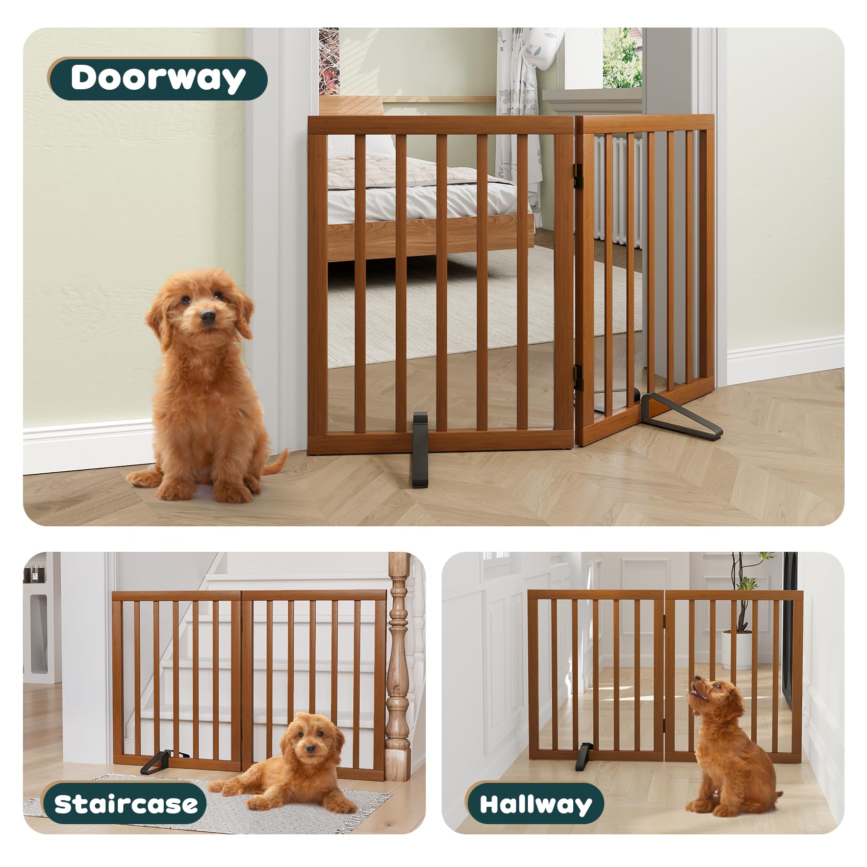 Semiocthome Freistehendes Haustiergitter mit 2 Ständern, Bambus-Hundegitter für Türen, Hundegitter für das Haus, Welpengitter für Treppen, Faltbarer Sicherheitszaun, 61 cm Höhe, 2 Paneele, komplett