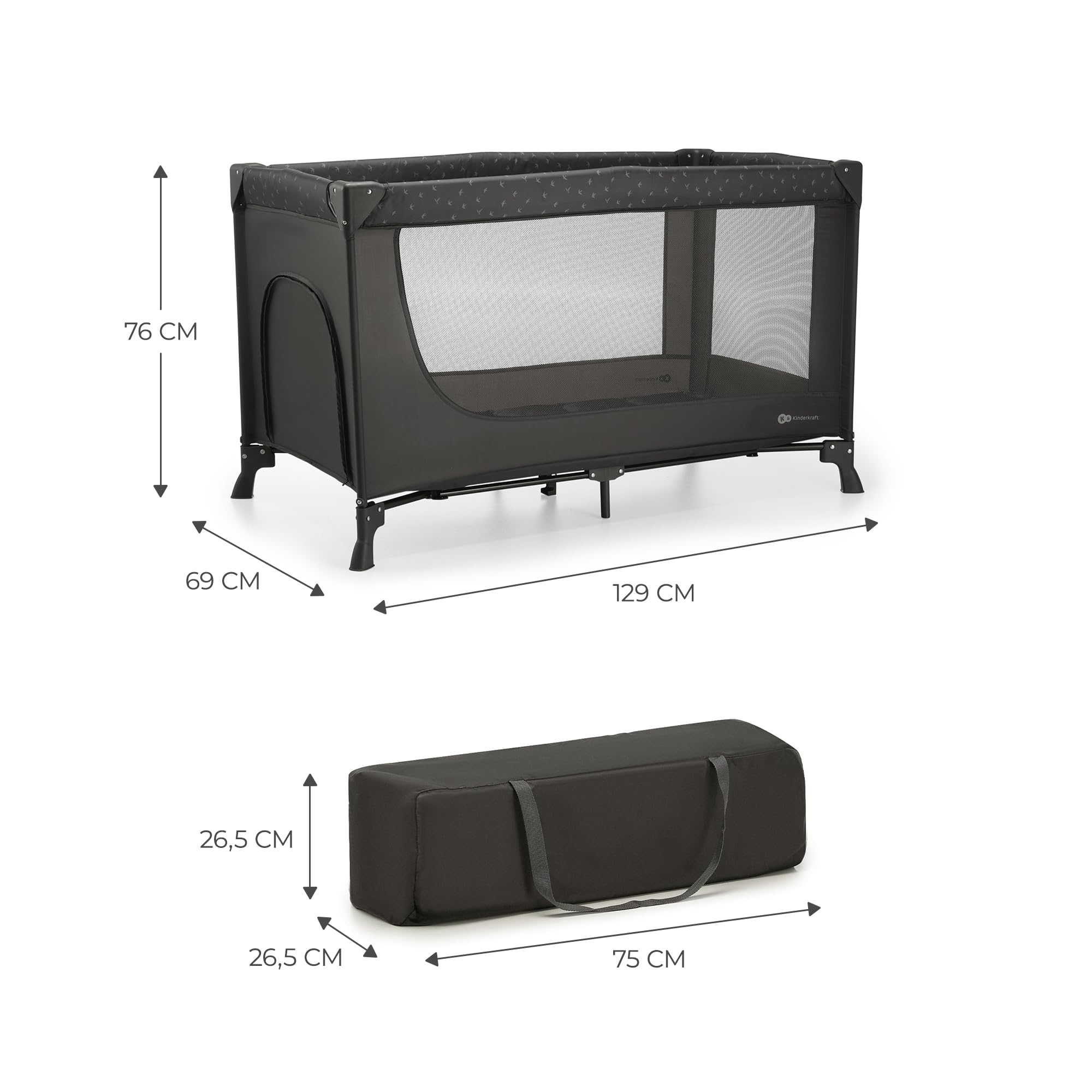 Kinderkraft Kinderreisebett Joy Light, Babybetten, Kinderbett, Reisebett, Praktisch, Modernes Design, Kleine Abmessungen nach Zusammenklappe, Tasche, Grau