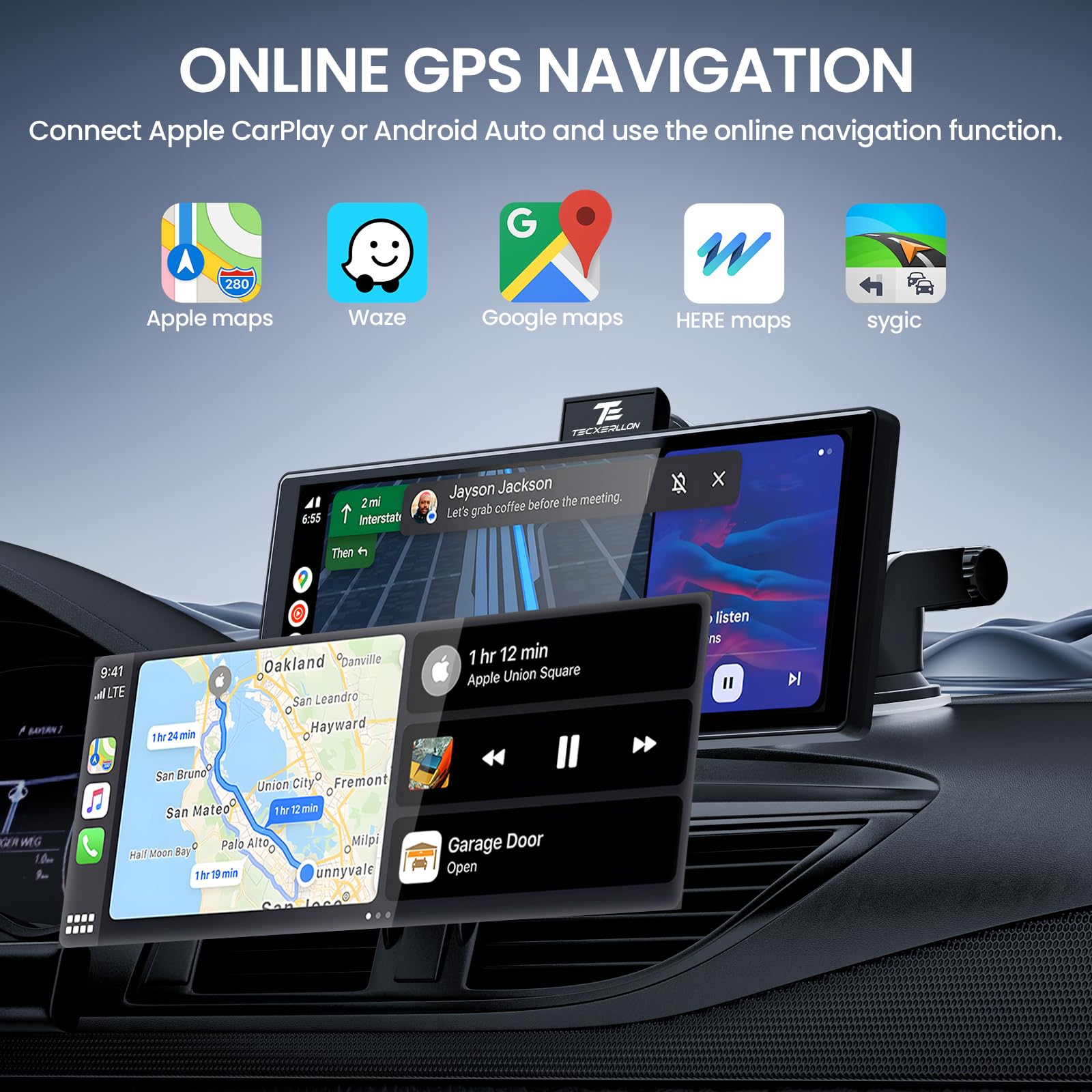 TECXERLLON 10,26 Zoll Wireless Carplay & Android Auto, Apple Car Play Display mit 4K Dashcam&1080P Rückkamera, Android Auto Display mit GPS Navigation, Mirror Link AUX FM 64G TF