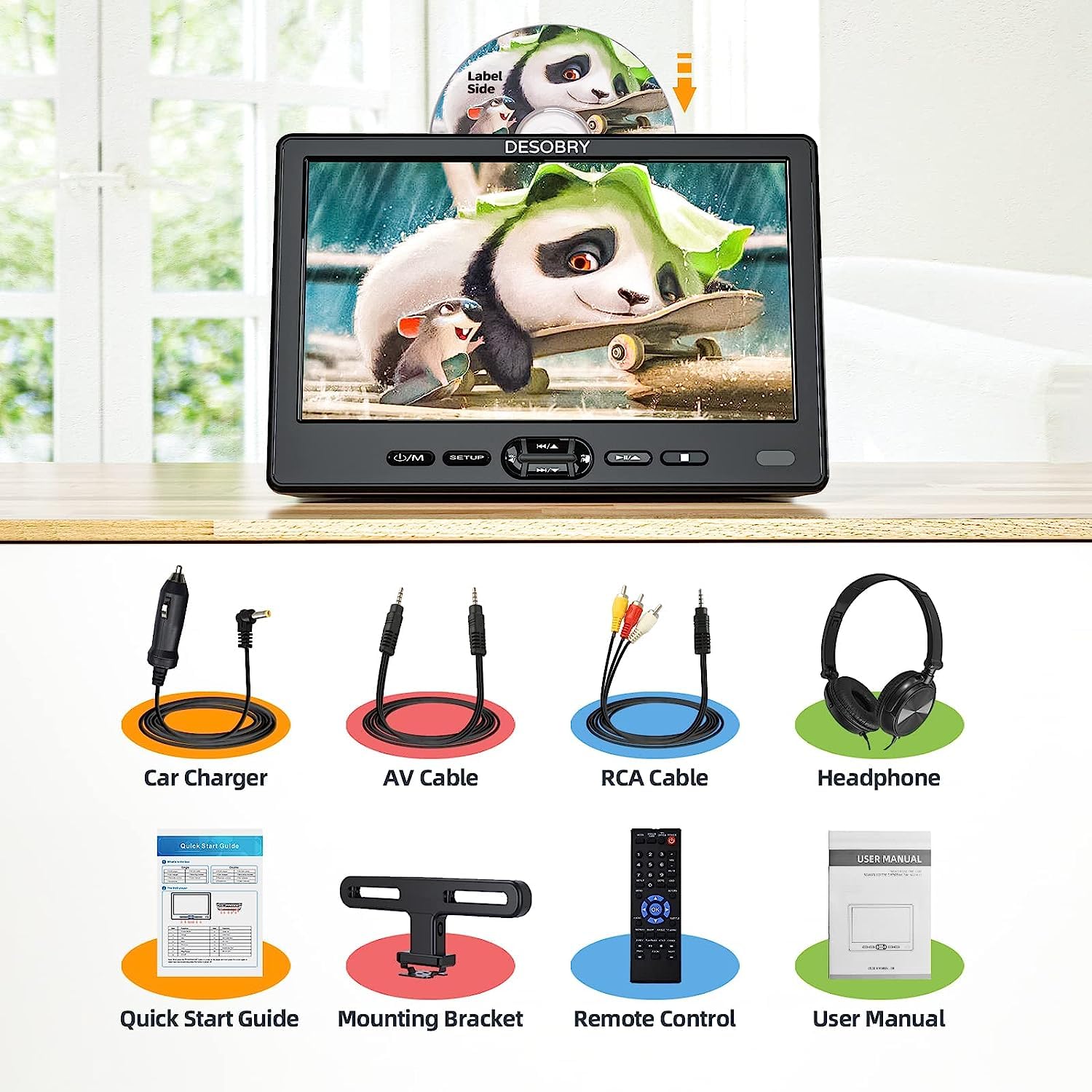 DESOBRY 10,5 Zoll Auto DVD Player mit Kopfstützenhalterung, tragbarer DVD-Player für Auto mit Kopfhörer, Disc-Eingang mit Saugnapf, Unterstützung von 1080P-Video, HDMI-Eingang, USB/SD-Kartenleser