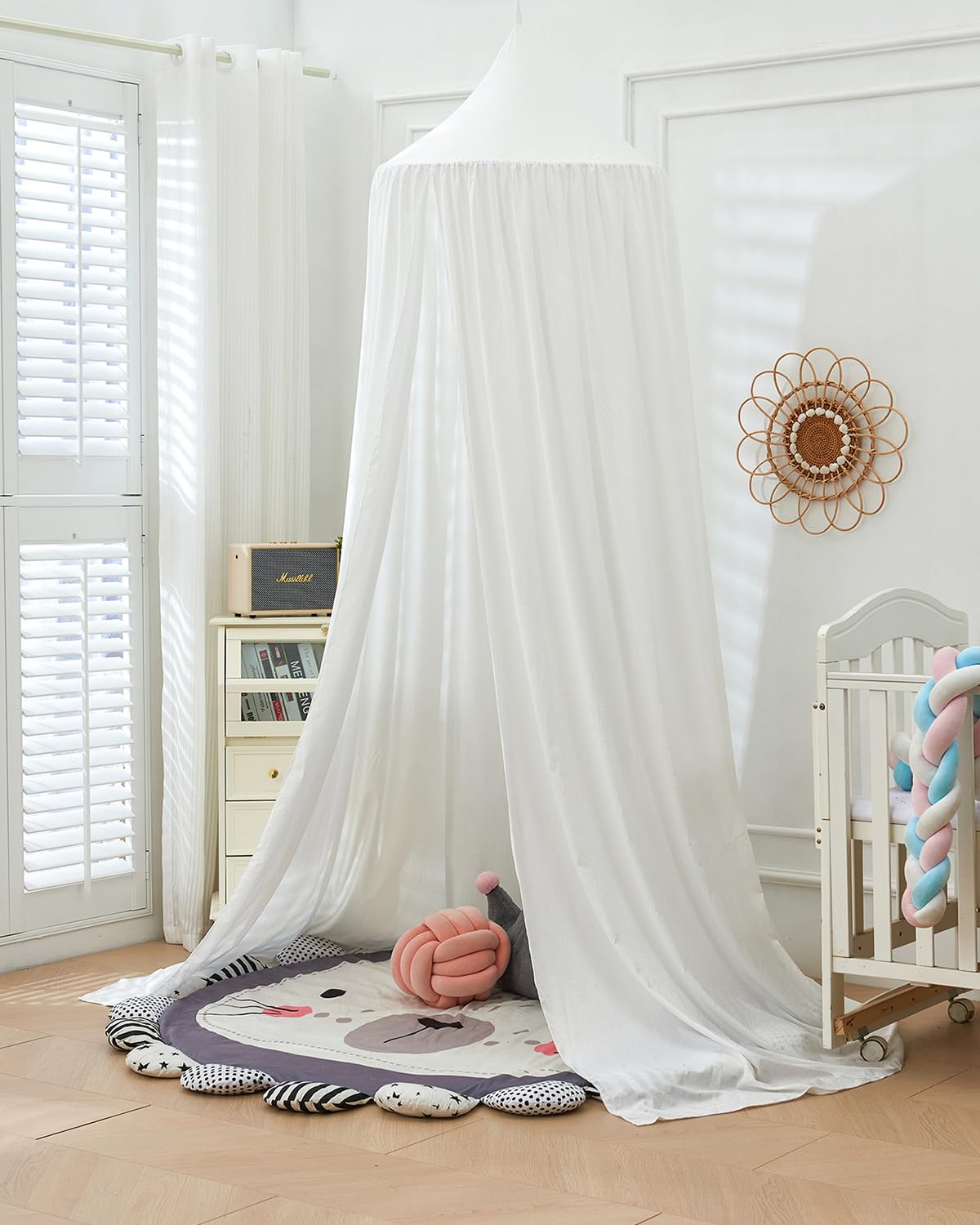 Surwin Moskitonetz Betthimmel Madchen Jungen Kinder Babybett, Rund Baldachin Mückennetz Einzelbett kinderzimmer Schlafzimmer Spiel für Reise Indoor Outdoor Dekoration - Weiß