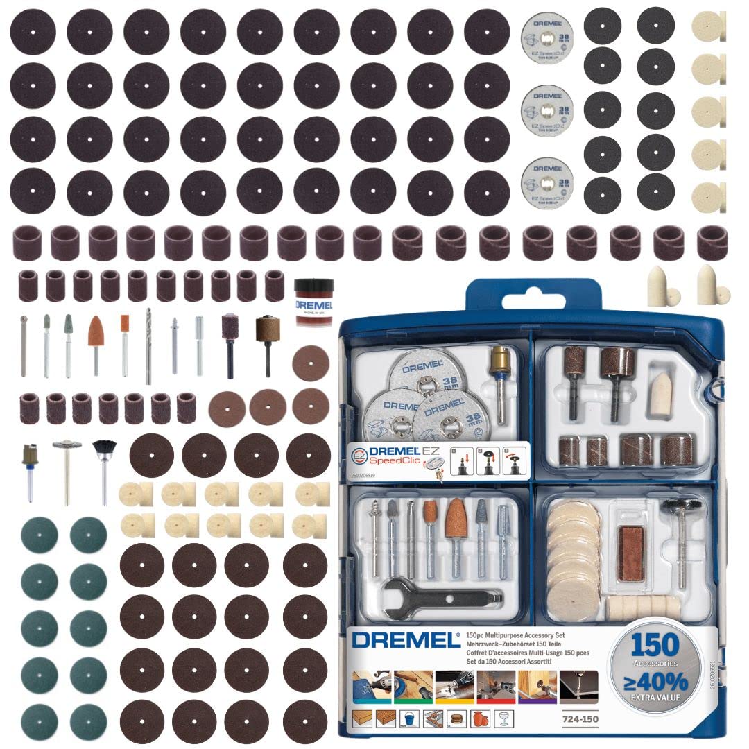 Dremel SC724 EZ SpeedClic Mehrzweck Zubehörset (150 Dremel Zubehören zum Schleifen, Schneiden, Schärfen, Polieren, Reinigen, Gravieren, Schnitten)
