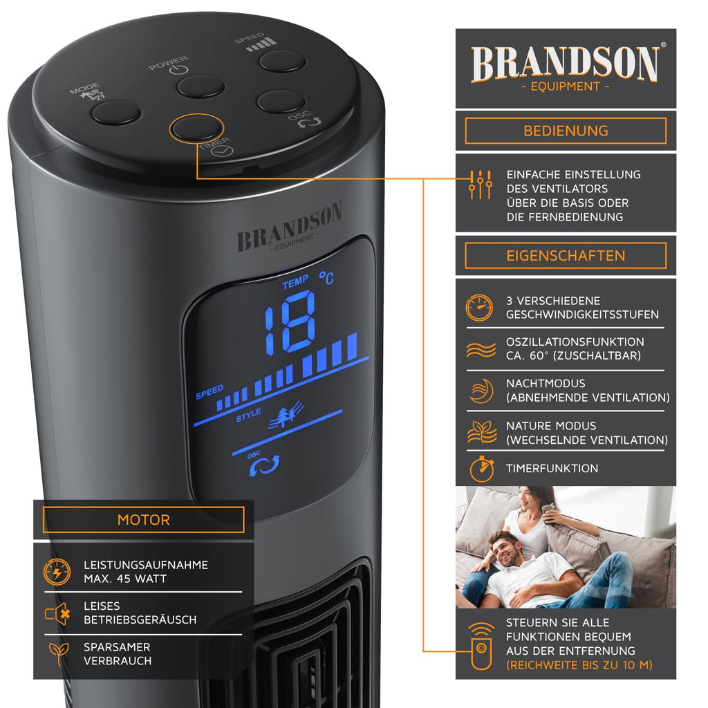 Brandson - Turmventilator mit Fernbedienung 96 cm - Preisträger 2025 - mobiler Lüfter leise - Standventilator mit Oszilation - 3 Geschwindigkeiten 3 Lüftungs-Modi Timer - Ventilator mit GS - Cool Grey