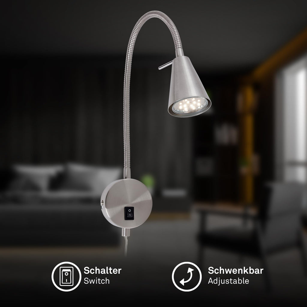 BRILONER - LED Bettlampe, Bettleuchte Flexarm, inkl. An-/Ausschalter, schwenkbar, 4,7 Watt, 350 Lumen, Schlafzimmerlampe, Büroleuchte, warmweiße Lichtfarbe, Metall, 45x20,5 cm, Matt-nickel