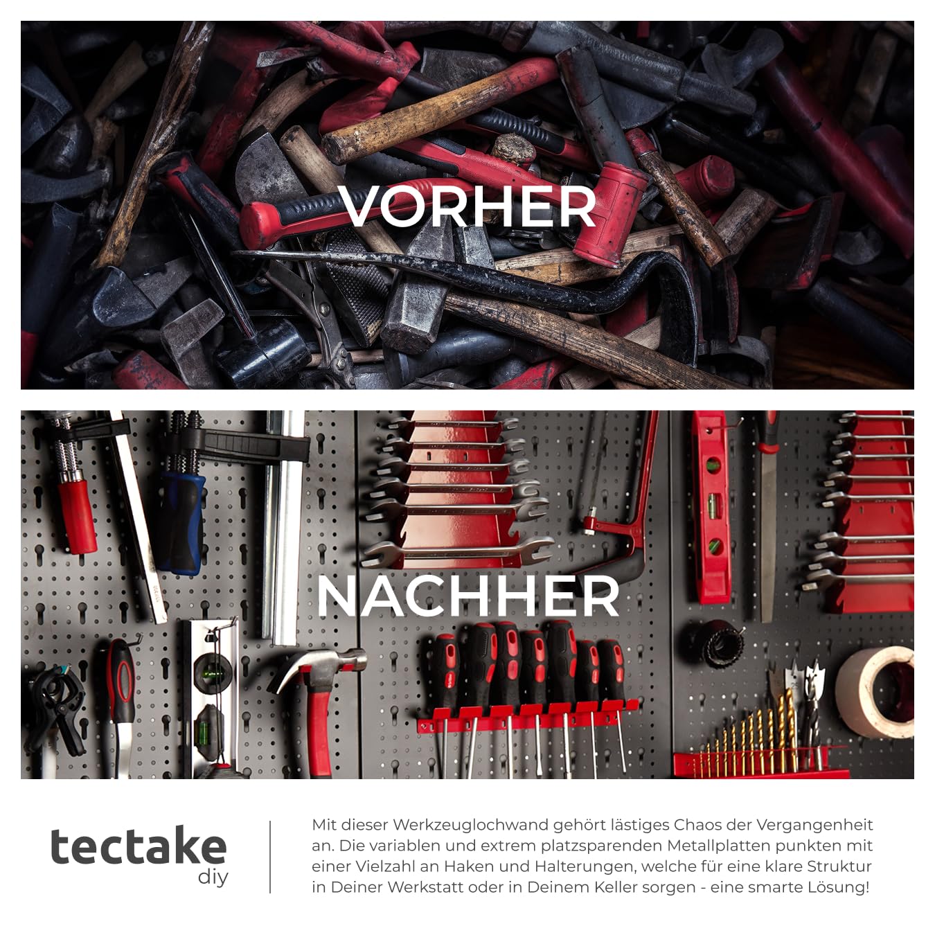 tectake® Werkzeug Lochwand aus Metall, 240 x 60 x 2 cm, Werkzeugwand Lochplatte, inkl. Werkzeughalter Set Haken und Halterungen, Wandregal Regalsystem für Werkbank, Garage, Werkstatteinrichtung - 6tlg