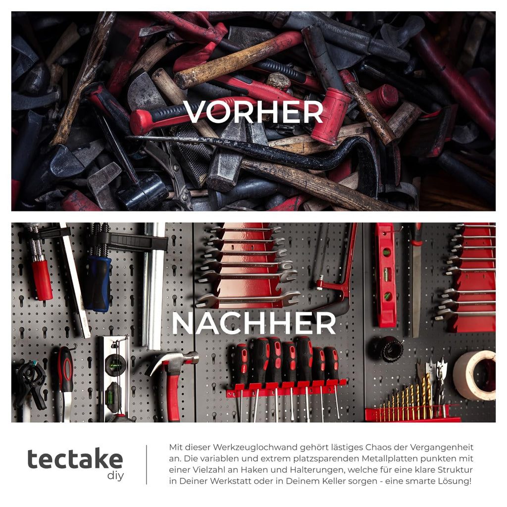 tectake® Werkzeug Lochwand aus Metall, 200 x 60 x 2 cm, Werkzeugwand Lochplatte, inkl. Werkzeughalter Set Haken und Halterungen, Wandregal Regalsystem für Werkbank, Garage, Werkstatteinrichtung - 5tlg