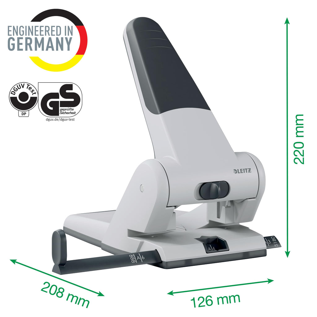 Leitz Extrastarker Registratur-Locher, Für 65 Blatt, Großer leistungsstarker Locher für müheloses Lochen im Büro, Aus Aluminiumdruckguss, recycelte Kunststoffteile, 100% recycelbar, Schwarz, 51800095