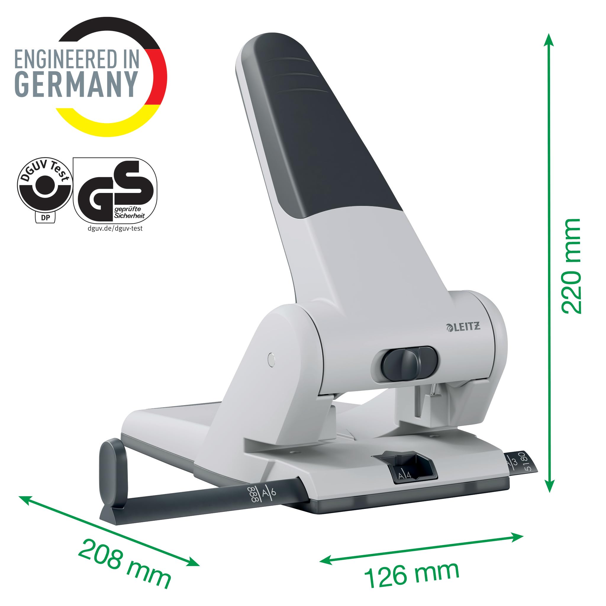 Leitz Extrastarker Registratur-Locher, Für 65 Blatt, Großer leistungsstarker Locher für müheloses Lochen im Büro, Aus Aluminiumdruckguss, recycelte Kunststoffteile, 100% recycelbar, Schwarz, 51800095