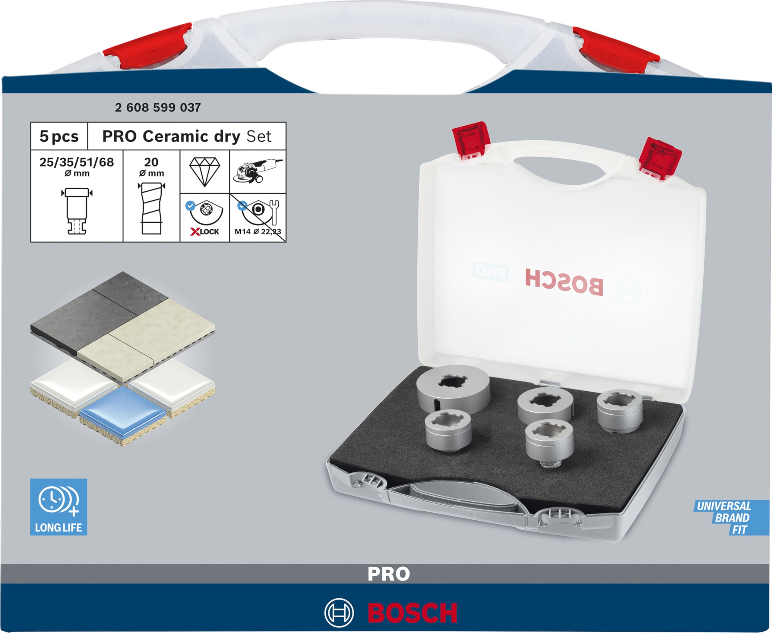 Bosch 5x PRO Ceramic dry Diamond Core Cutter Set for X-Lock und kleine Winkelschleifer (für Fliesen, Harte Fliesen, Ø 20,0, 25,0, 35,0, 51,0, 68,0 mm, Professional Zubehör Kleiner Winkelschleifer)
