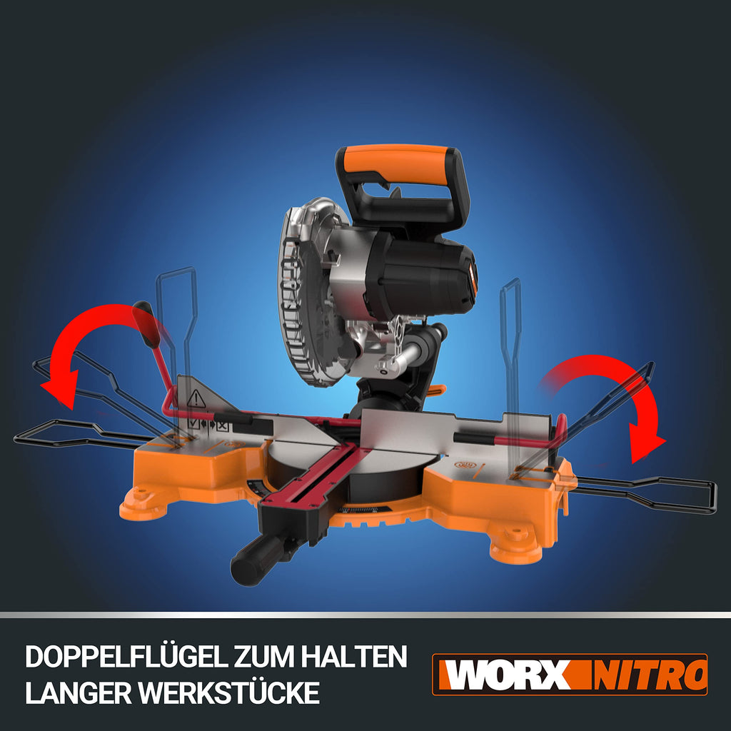 WORX WX845.9 NITRO Akku Paneelsäge 20V – multifunktionale Säge zum Zug-, Kapp-, & Gehrungssägen – 0-45° Schrägschnitte – 220mm in Holz – sicher & bequem dank XtraHand-Klemme – ohne Akku & Ladegerät