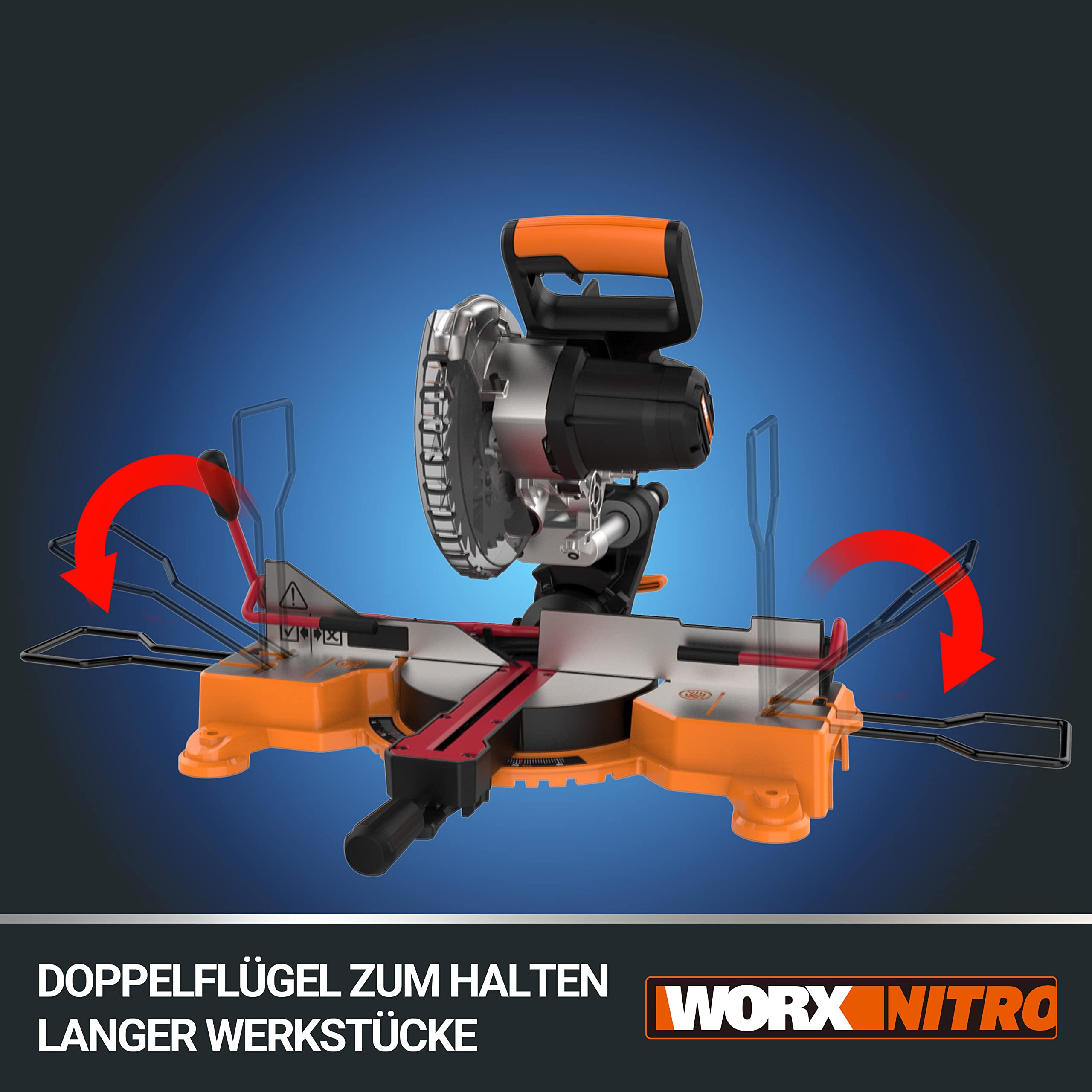 WORX WX845.9 NITRO Akku Paneelsäge 20V – multifunktionale Säge zum Zug-, Kapp-, & Gehrungssägen – 0-45° Schrägschnitte – 220mm in Holz – sicher & bequem dank XtraHand-Klemme – ohne Akku & Ladegerät