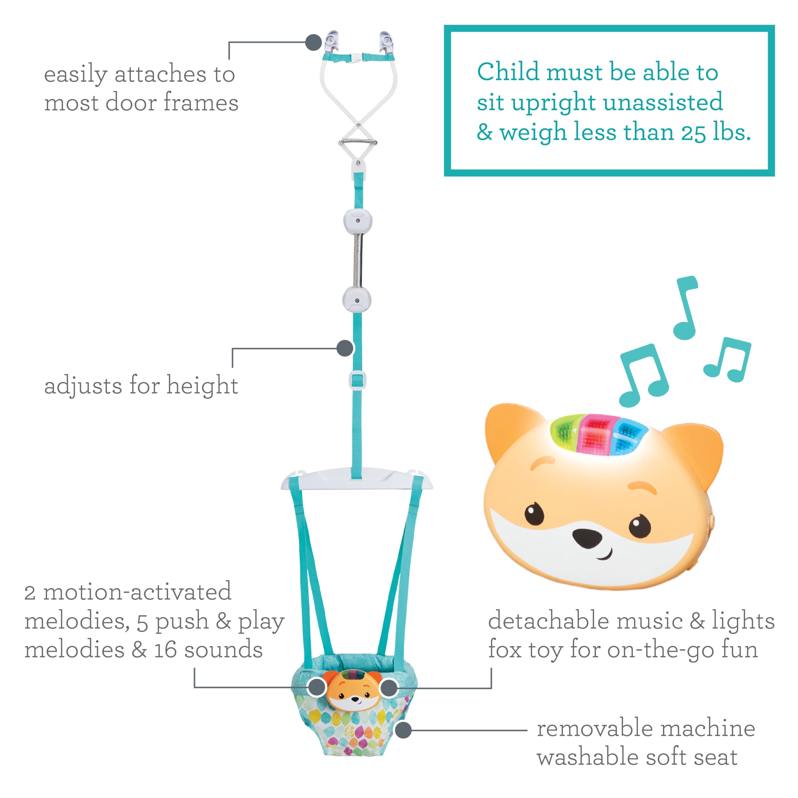 Infantino Music & Lights 2-in-1-Türschaukel, Anregende Aktivitätsschaukel für Babys mit bewegungsgesteuerten Geräuschen, Fuchs
