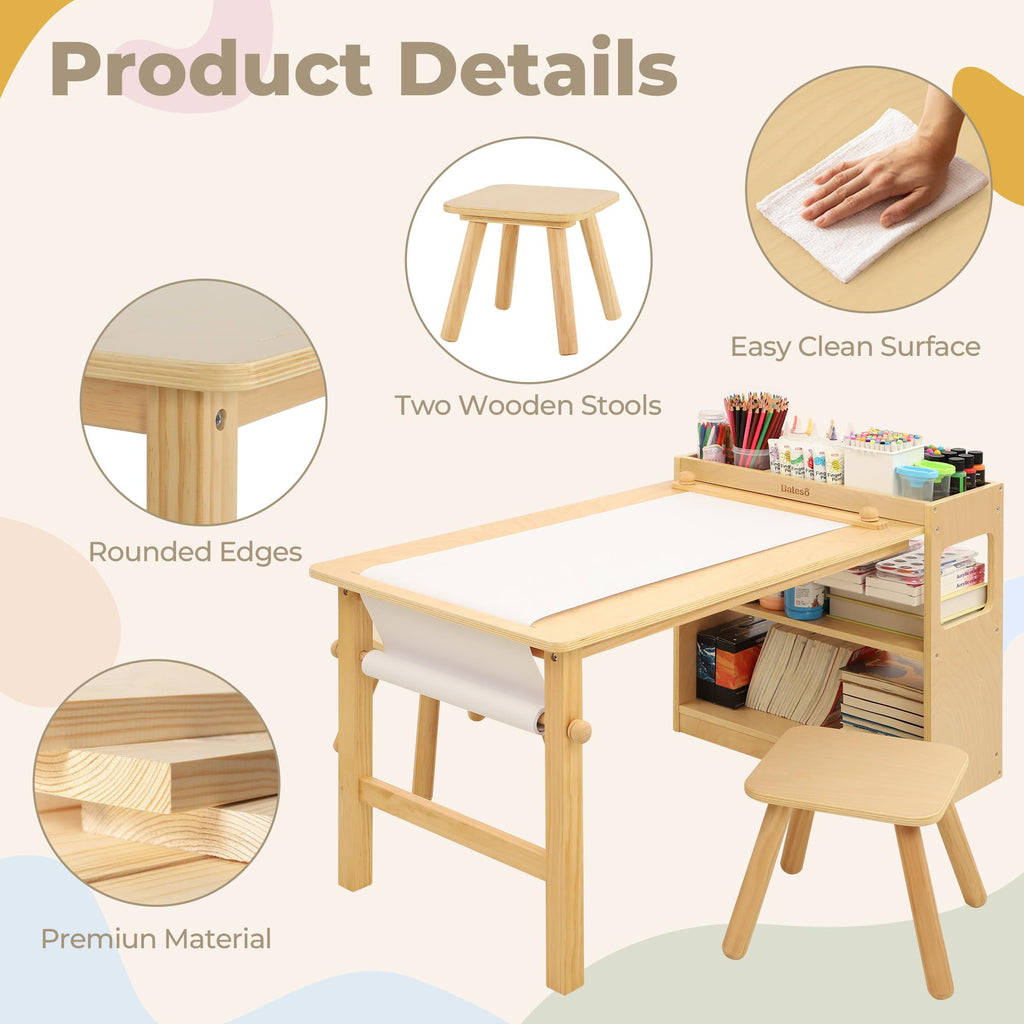 Bateso Kinder-Kunsttisch & 2 Stühle Set mit Rollenpapier - Geräumiger Basteltisch mit Ablageflächen zum Zeichnen, Arbeiten und Lernen - Ideale Holzmöbel für kreatives Spielen
