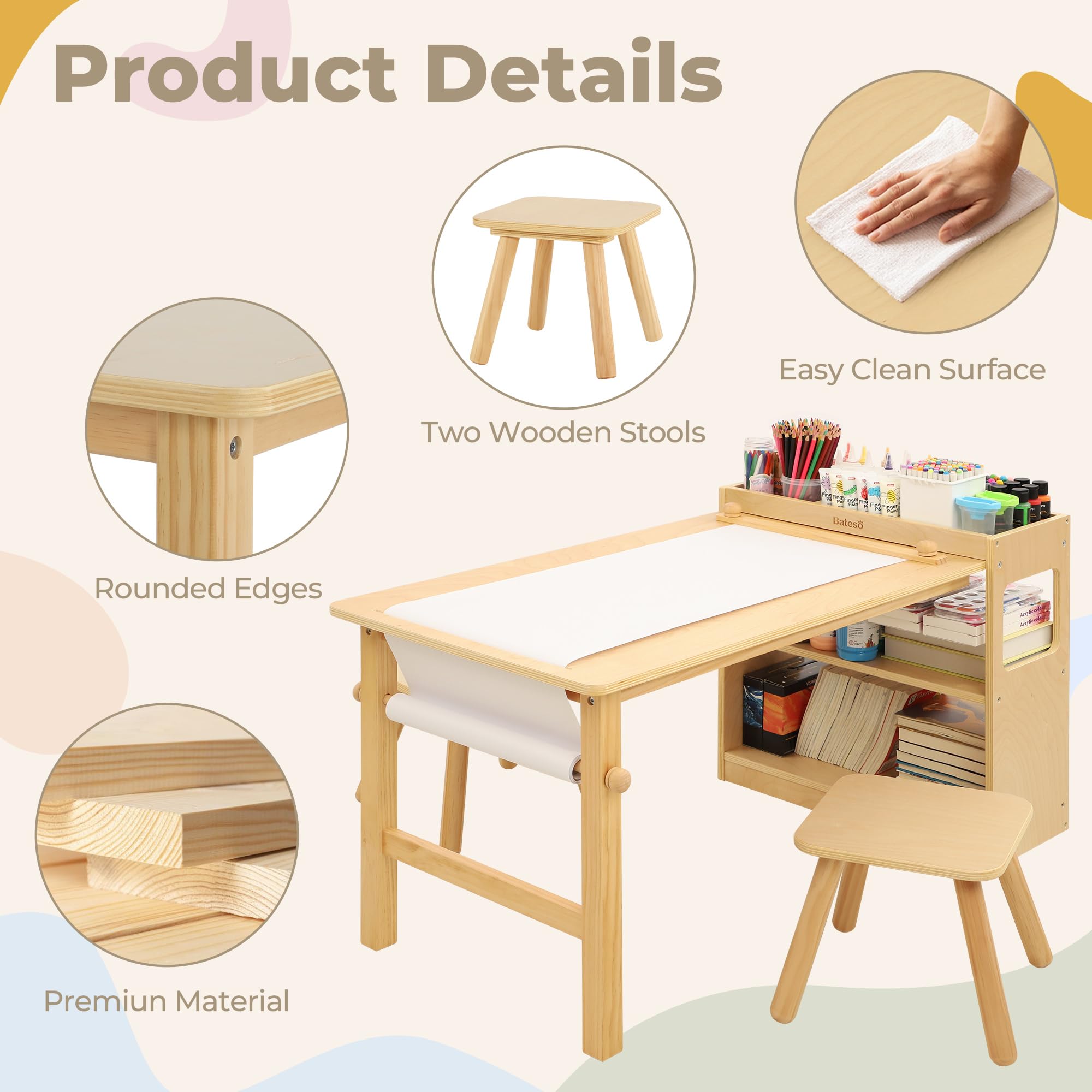 Bateso Kinder-Kunsttisch & 2 Stühle Set mit Rollenpapier - Geräumiger Basteltisch mit Ablageflächen zum Zeichnen, Arbeiten und Lernen - Ideale Holzmöbel für kreatives Spielen