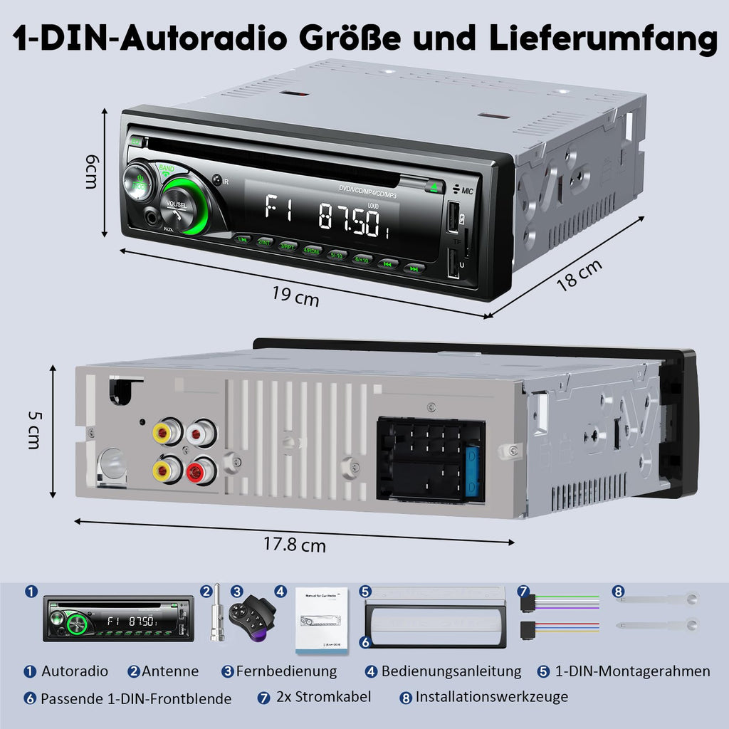 9-24V Autoradio mit CD DVD Player und Bluetooth Freisprecheinrichtung,RDS 1DIN Autoradio 7 Farben MP3 Player FM/AM Radio mit 2 USB SD/AUX/Lenkradfernbedienung