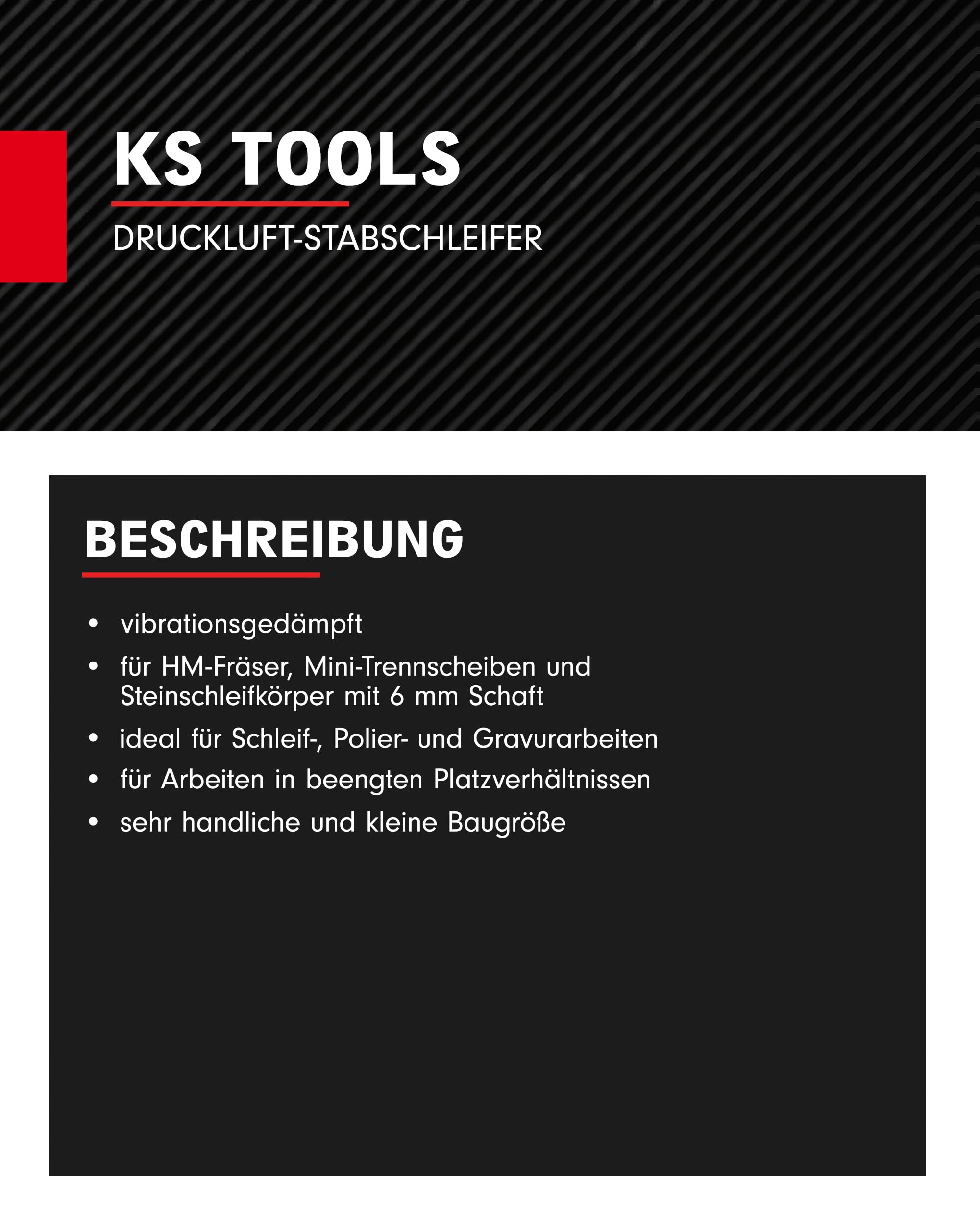 KS Tools Stabschleifer Druckluft 515.5410 6mm I Geradschleifer mit Drehzahl-Regulierung I Für HM-Fräser, Mini-Trennscheiben und Steinschleifkörper I 23.000 U/min