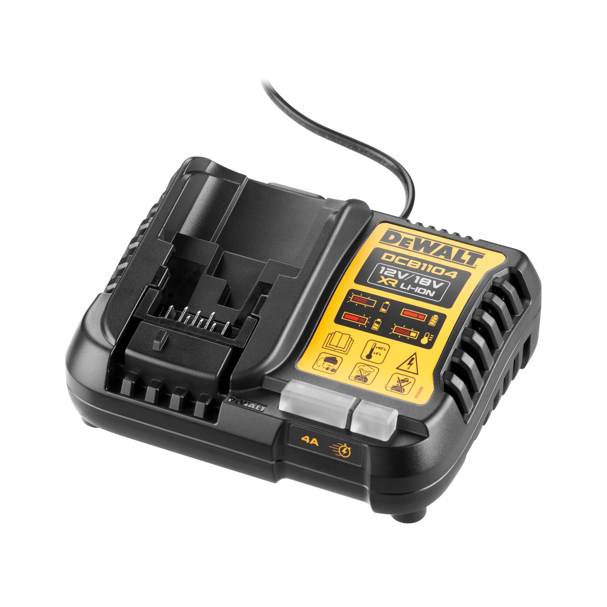 DEWALT System-Schnelladegerät DCB1104 (4 A Ladestrom, lädt XR Schiebe-Akkus von 10,8 bis 18 Volt sowie XR Flexvolt Akkus, mit LED-Anzeige, für Wandmontage geeignet)