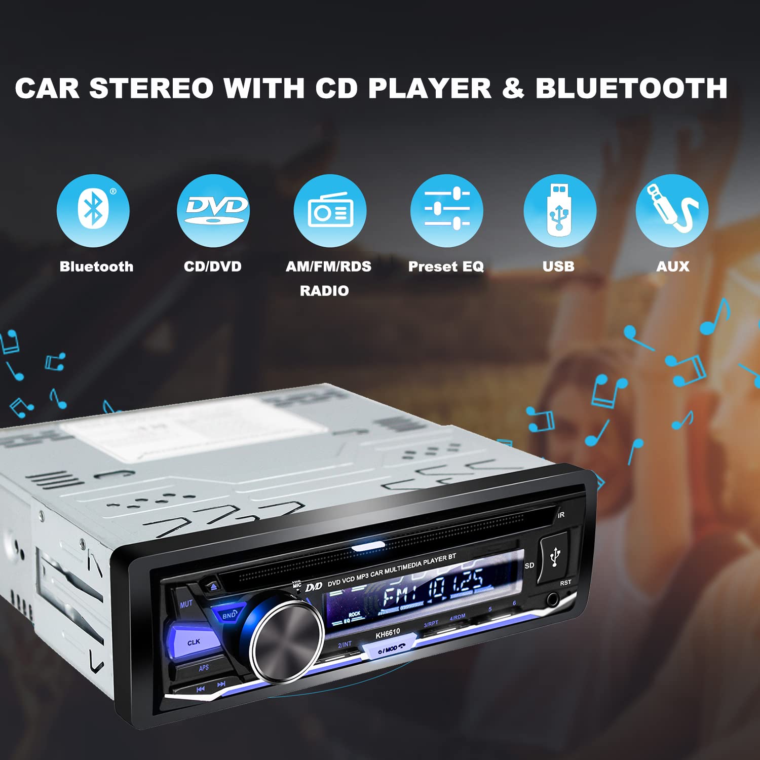 Alondy 1DIN Autoradio Bluetooth mit CD/DVD Player USB AM/FM/RDS Radio Freisprecheinrichtung SD AUX