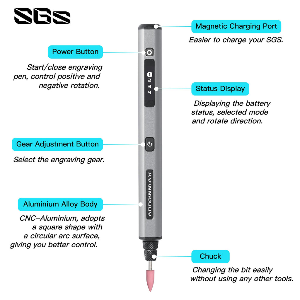 ARROWMAX Mini-Gravierstift, HollowCup-Motor, 42 Bits mit Aluminiumgehäuse, OLED, magnetische Ladung, Mini-Rotationswerkzeug, kabelloser Gravierstift für Schmuck, Metall, Glas und Kunststoff (SGS)