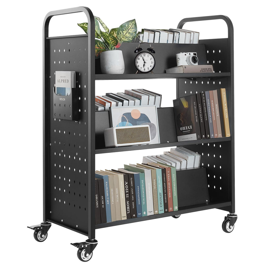 VEVOR Bücherwagen, 159 kg Tragkraft, Bibliothekswagen, 970x515x1225 mm, doppelseitiges W-förmiges Bücherregal mit Doppelbremsrollen, Abräumwagen für Wohnzimmer, Büro, Schule, Schwarz