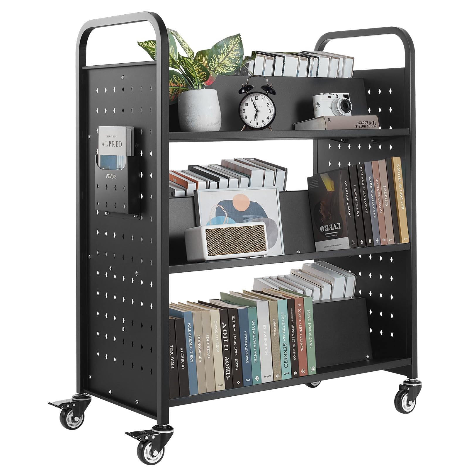 VEVOR Bücherwagen, 159 kg Tragkraft, Bibliothekswagen, 970x515x1225 mm, doppelseitiges W-förmiges Bücherregal mit Doppelbremsrollen, Abräumwagen für Wohnzimmer, Büro, Schule, Schwarz