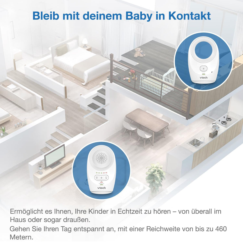VTech BM1120 Baby-Audioüberwachungsgerät, klare Tonübertragung und Sicherheit, Lange Reichweite, 5-stufige LED-Lautstärkeanzeige, Gürtelclip, wiederaufladbare Batterien