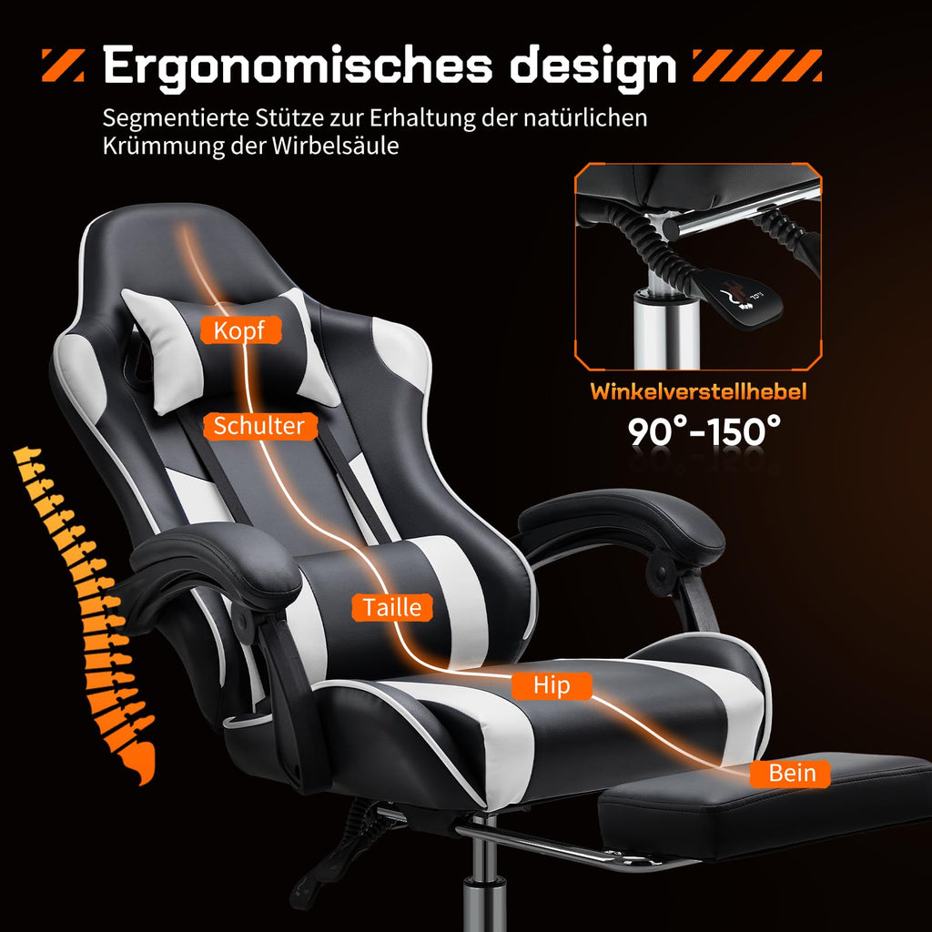 Sweetcrispy Gaming Stuhl,Ergonomischer Bürostuhl mit Fußstütze,Gamer PC Stühle mit Kopfstütze Lendenkissen,90-150° einstellbar Gaming Chair,Leder Drehbar Schreibtischstuhl Computerstuhl,Weiß