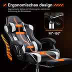 Sweetcrispy Gaming Stuhl,Ergonomischer Bürostuhl mit Fußstütze,Gamer PC Stühle mit Kopfstütze Lendenkissen,90-150° einstellbar Gaming Chair,Leder Drehbar Schreibtischstuhl Computerstuhl,Weiß