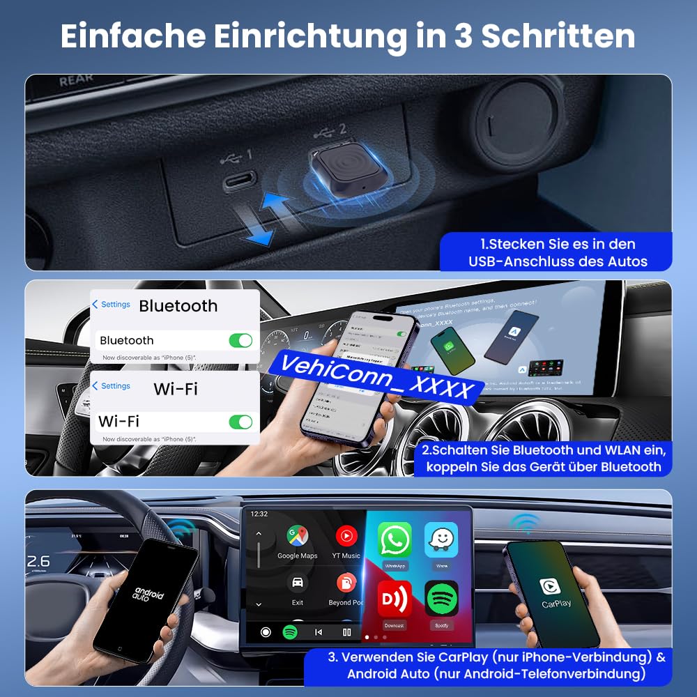 Carlinkit 2025 kabelloser CarPlay & Android Auto Adapter, Upgrade von kabelgebundener auf kabellose Verbindung, Plug & Play mit USB-A/Typ-C, Funktioniert mit iPhone iOS 10+ & Android 11.0+