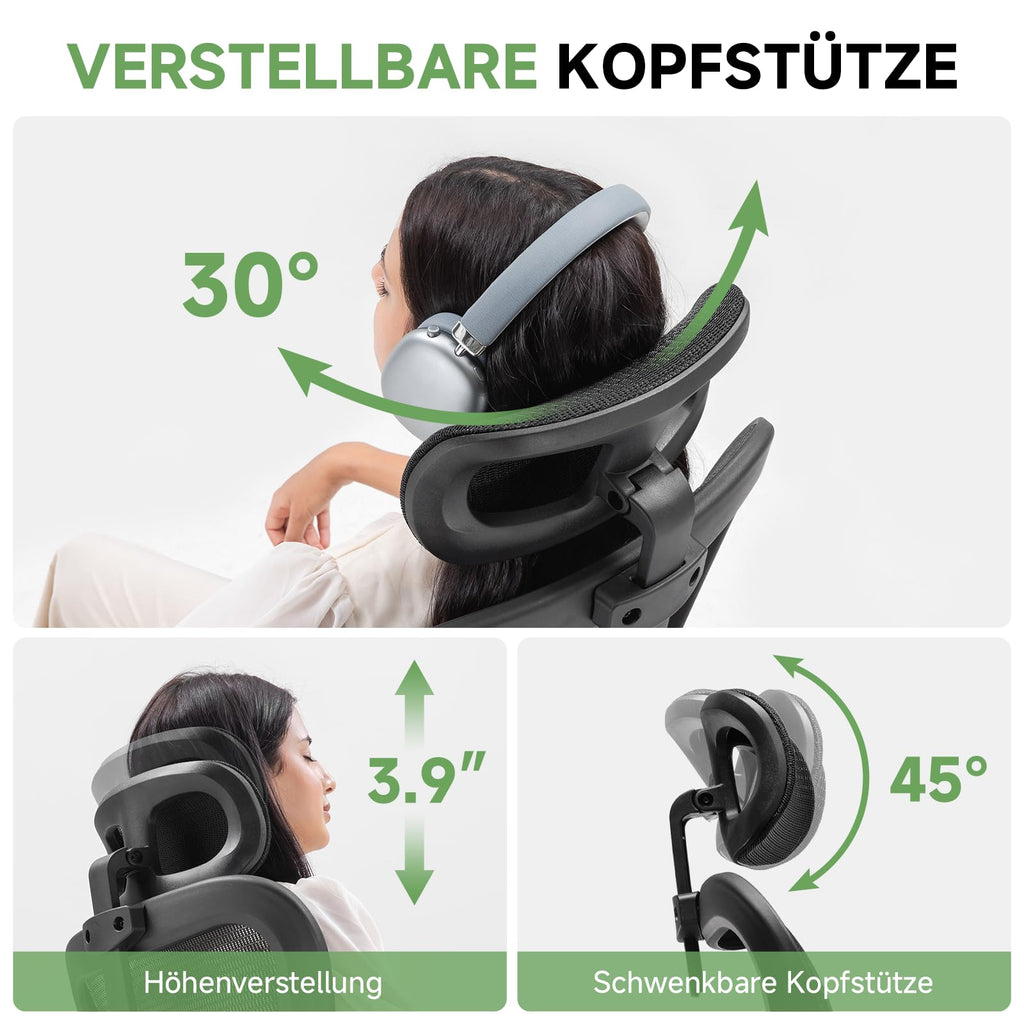 GTPLAYER Bürostuhl Ergonomisch, Schreibtischstuhl mit Verstellbarer Kopfstütze, Armlehnen, Lendenwirbelstütze, Büro Stuhl & Gaming Stuhl Wippfunktion, Chefsessel aus Mesh, 150kg(Schwarz)