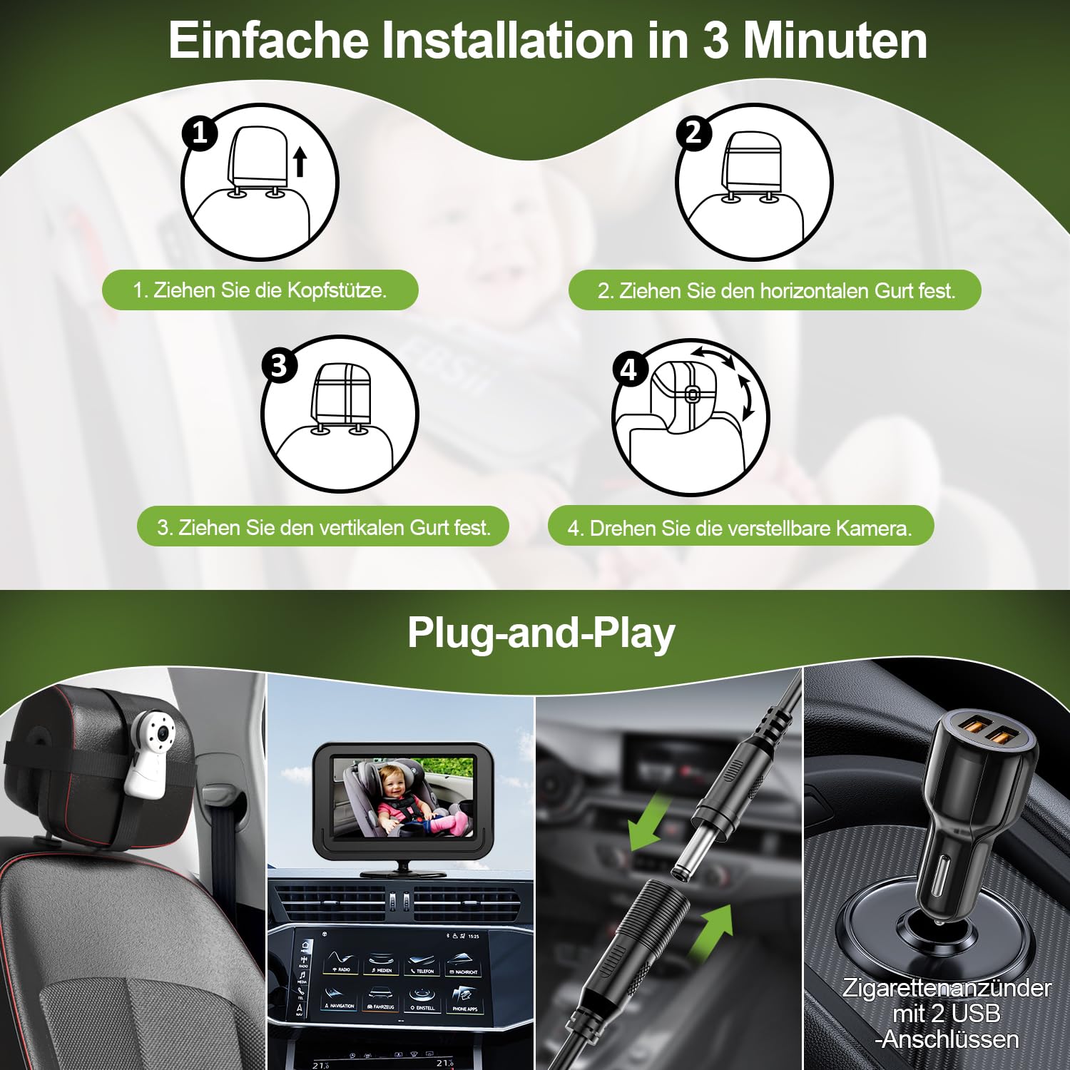 FNITAER Baby Kamera Auto mit 4.3" Display, Spiegel auto baby rückbank 1080P,Babyautospiege mit HD Nachtsicht und 120°-Betrachtungswinkel,Auto-Babyphone einfache Installation Cigarette Lighter,Schwarz