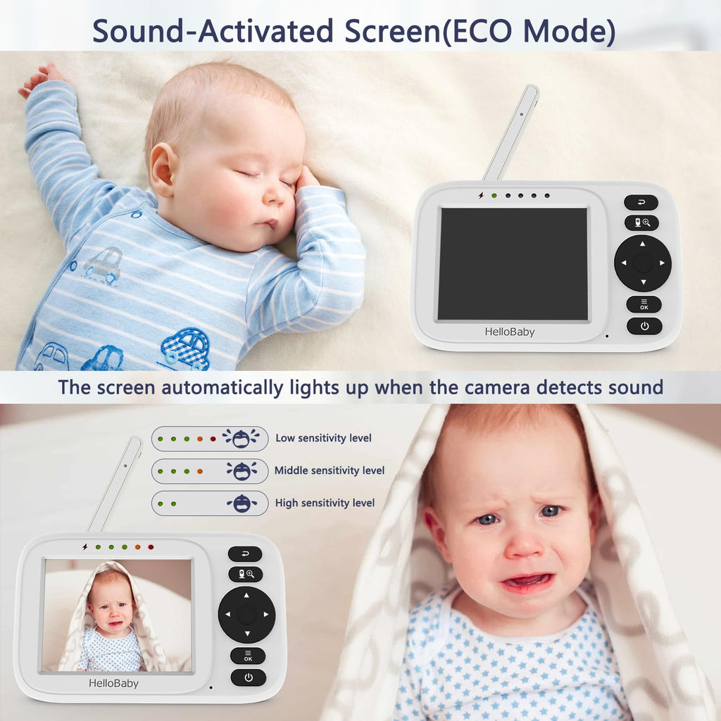 HelloBaby Babyphone mit Kamera, Video Babyphone ohne WLAN, 3,2 Zoll IPS Bildschirm,Nachtsicht, Winkel Manuell Einstellen, Reichweite 305m, ECO/VOX Audiomodus, Fütterungserinnerung,USB Ladegerät,HB2438