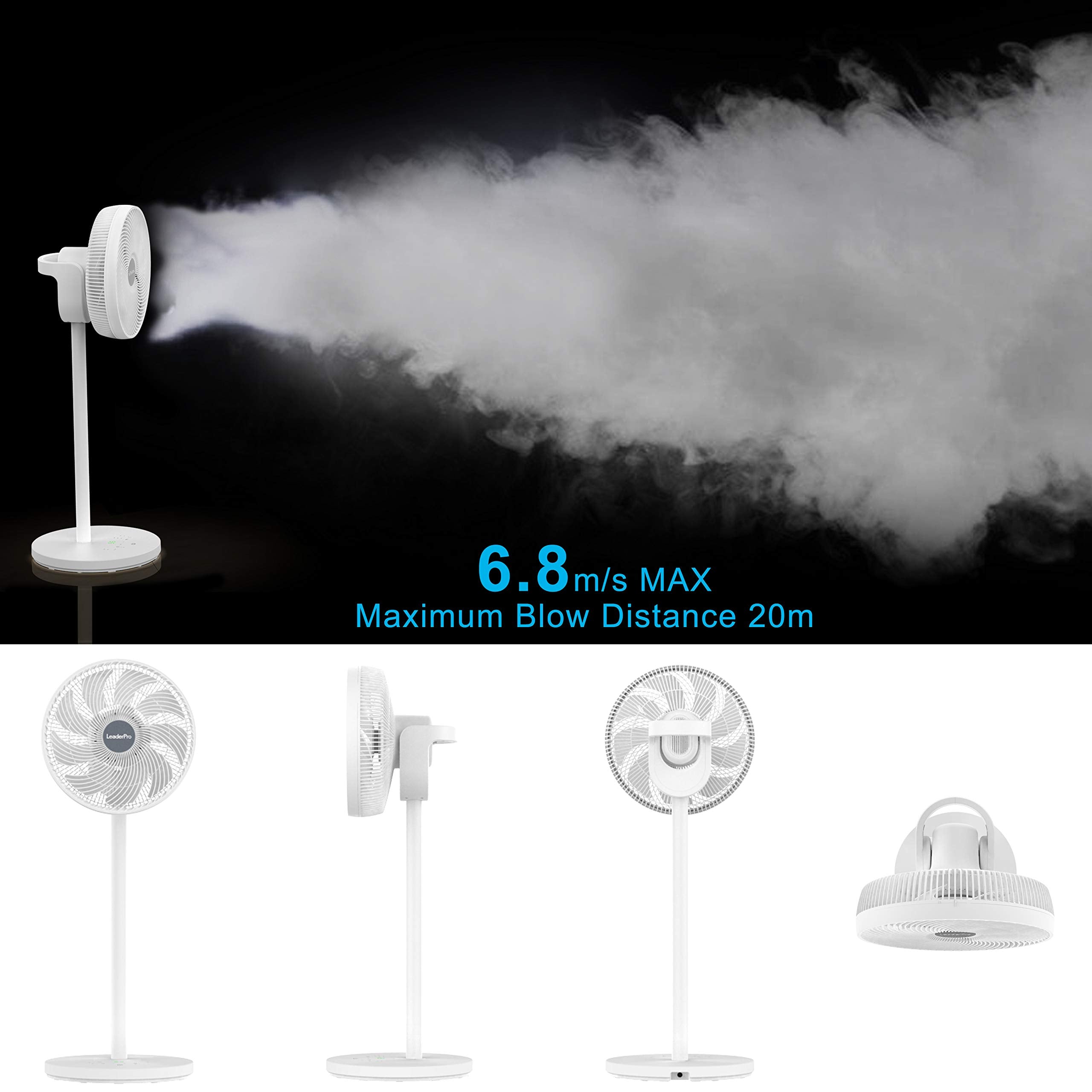 LeaderPro DC Motor Standventilator - Ventilator Leise 20dB 3D Oszillierend mit Fernbedienung/Höhe 92cm/6,8m/s/Durchmesser 34cm/9 Blätter/80% Energie Sparen/Turbo Luftzirkulator Raumventilator