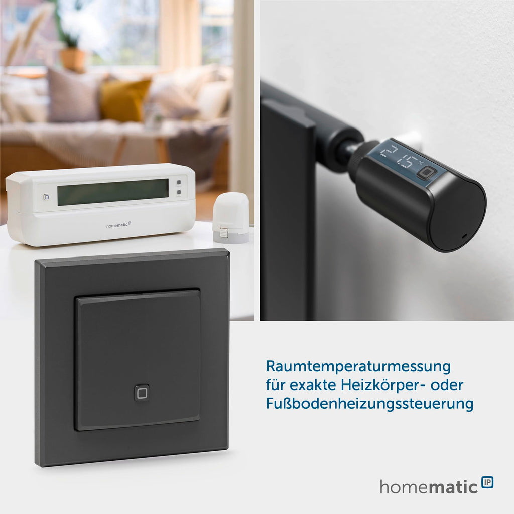 Homematic IP Smart Home Temperatur- und Luftfeuchtigkeitssensor – innen, anthrazit, steuert digital Heizkörper/Fußbodenheizung App, Alexa, Google Assistant, Temperaturmessung, Energie sparen, 160530A0