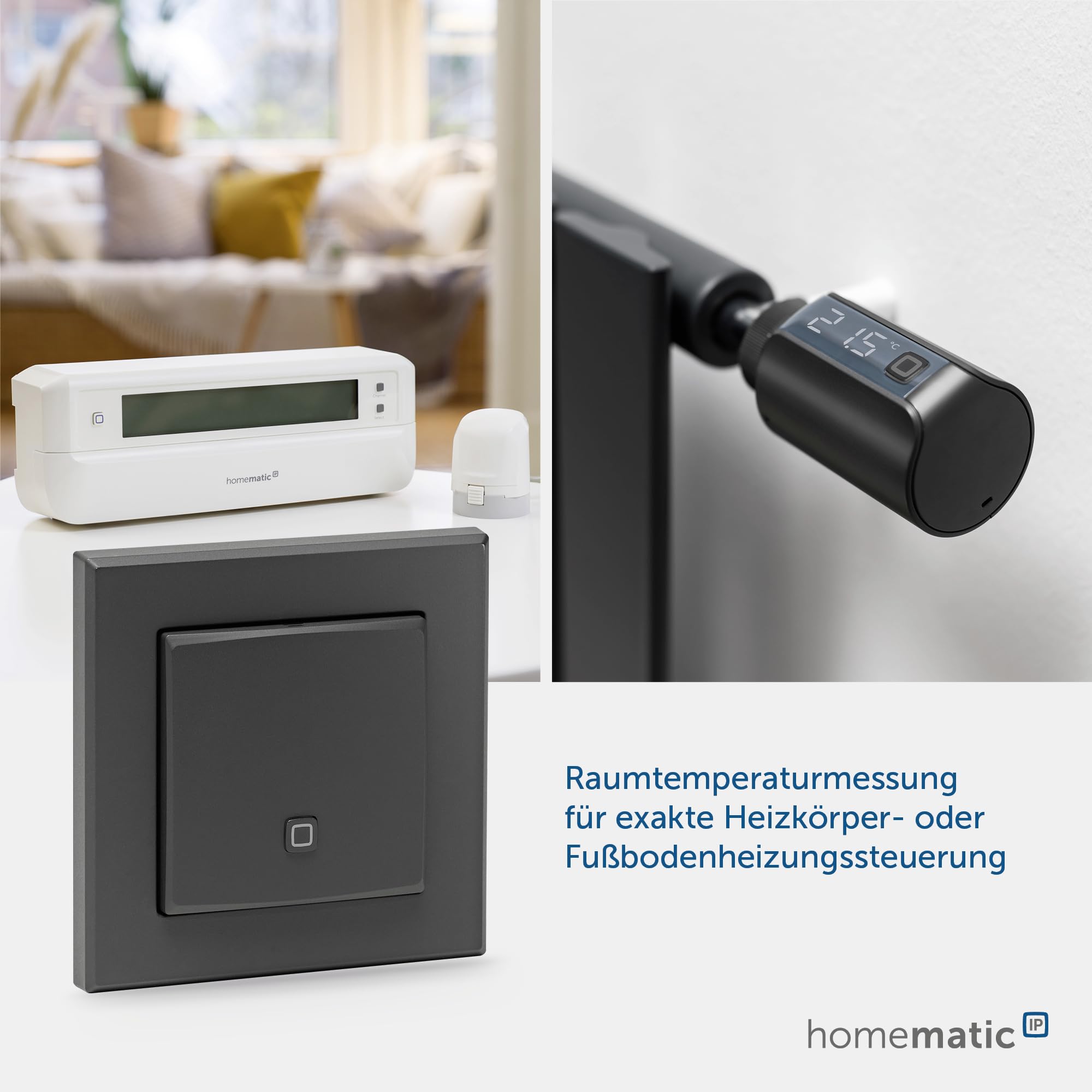 Homematic IP Smart Home Temperatur- und Luftfeuchtigkeitssensor – innen, anthrazit, steuert digital Heizkörper/Fußbodenheizung App, Alexa, Google Assistant, Temperaturmessung, Energie sparen, 160530A0