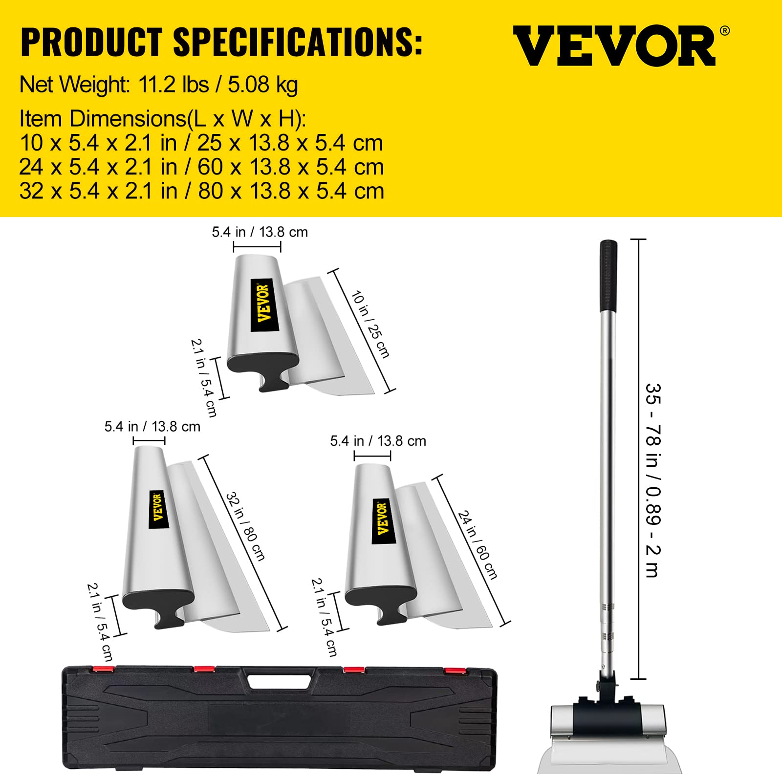 VEVOR Dekorspachtel Set 25 cm / 60 cm/ 80 cm Breitspachtel, 0,89-2 m Klingenlänge Trockenbau Flächenspachtel, 0,5 mm Klingenstärke Fassadenspachtel aus Edelstahl, ergonomischer Griff Gipserspachtel