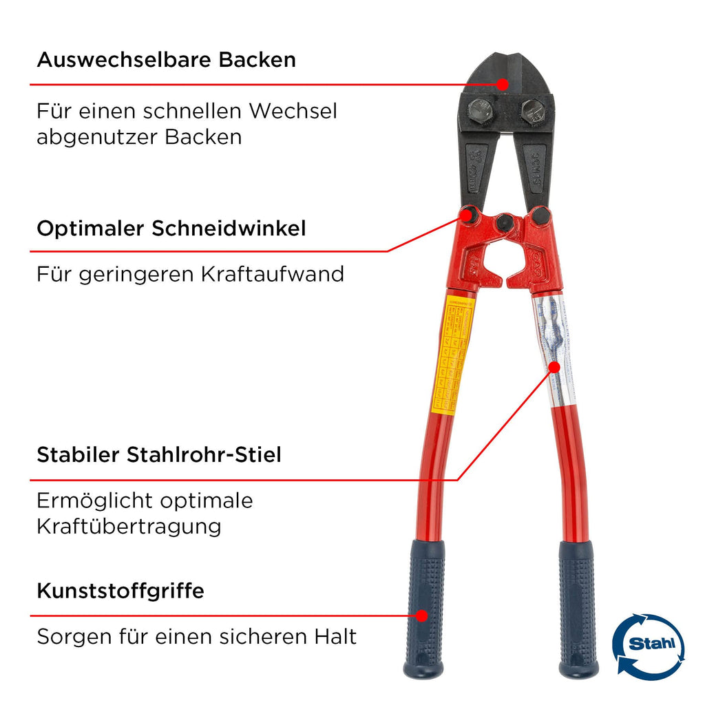 kwb Bolzenschneider in 450 mm, mit auswechselbaren Backen, stabiler Stahlrohr-Stiel mit Kunststoffgriff, hohe Schneidleistung und Zangenöffnung von maximal Ø 8 mm