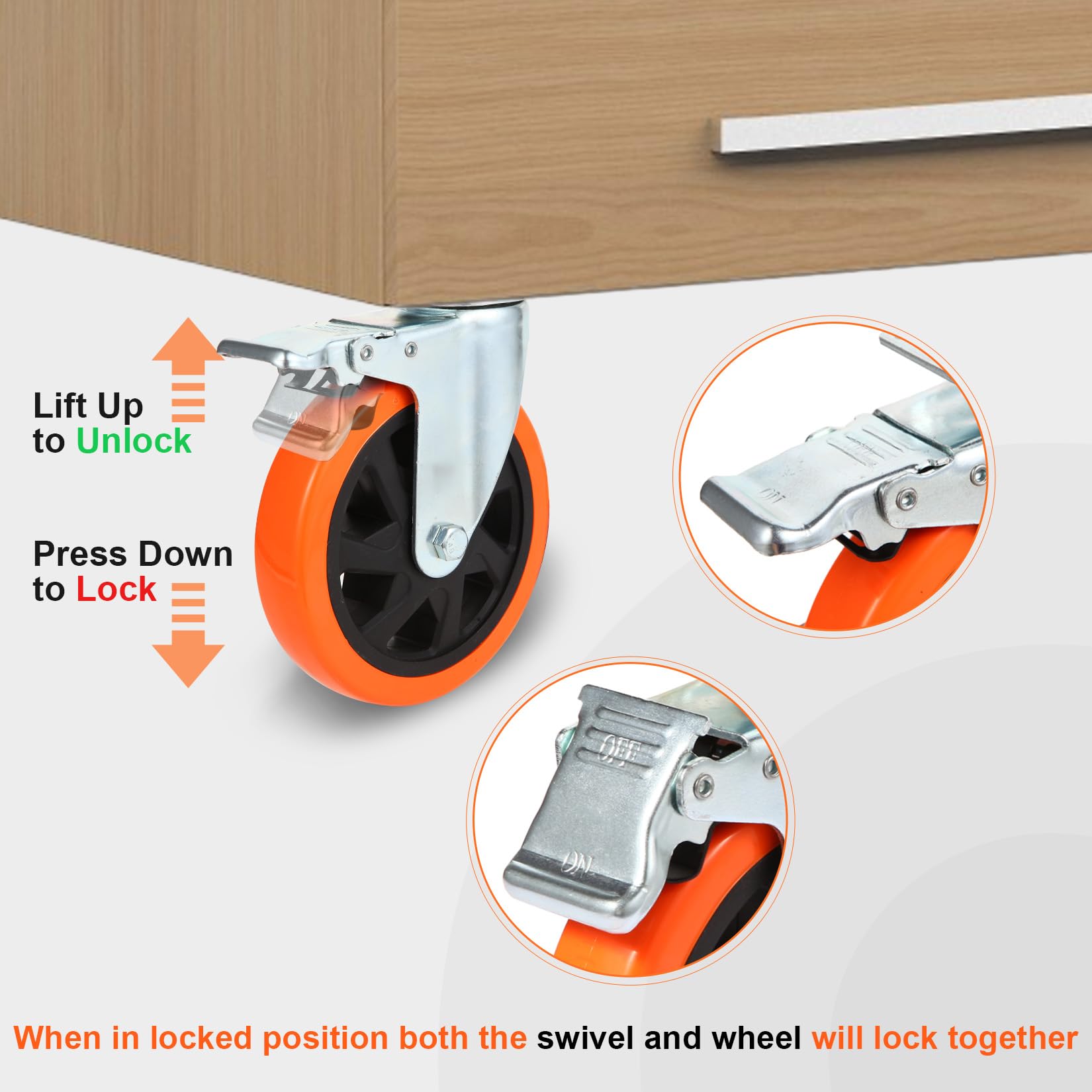 W B D WEIBIDA Schwerlastrollen 150mm, 4 Rollen mit Bremse Doppelverriegelung Tragkraft 1000KG, Langlebige, Leise und Robuste Möbelrollen, Polyurethan Rollen Groß für Werkbänke und Industrielle
