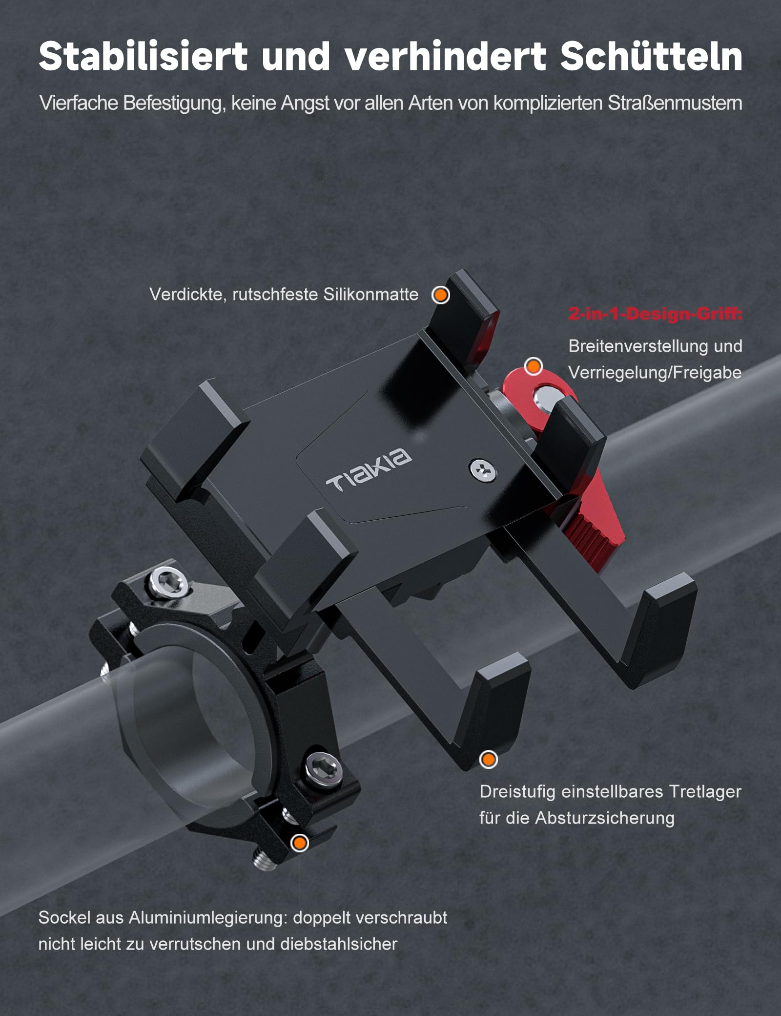 Tiakia Handyhalterung Fahrrad Aluminium Motorrad Handyhalter 6 Krallen mit 360° Drehung, Universal Handyhalter Werkzeugfreie Installation für 4,5-7 Zoll-Telefone (Aufgewertetes Schwarz Rot)