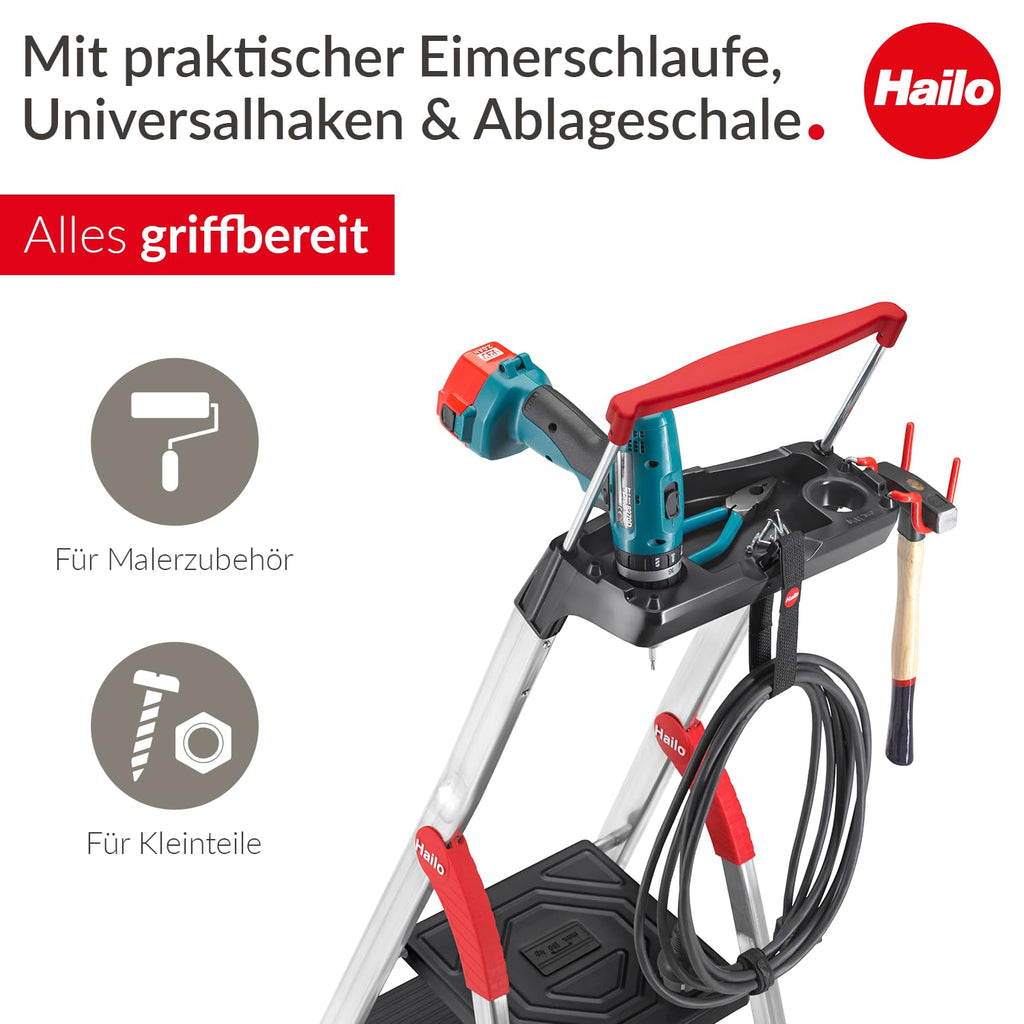 Hailo L100 Topline Alu-Sicherheits-Stehleiter - 7 XXL-Stufen bis 150 kg - Stehleiter mit ausziehbarem Haltebügel, Plattformverriegelung - viel Zubehör - klappbare Aluleiter Made in Germany - schwarz