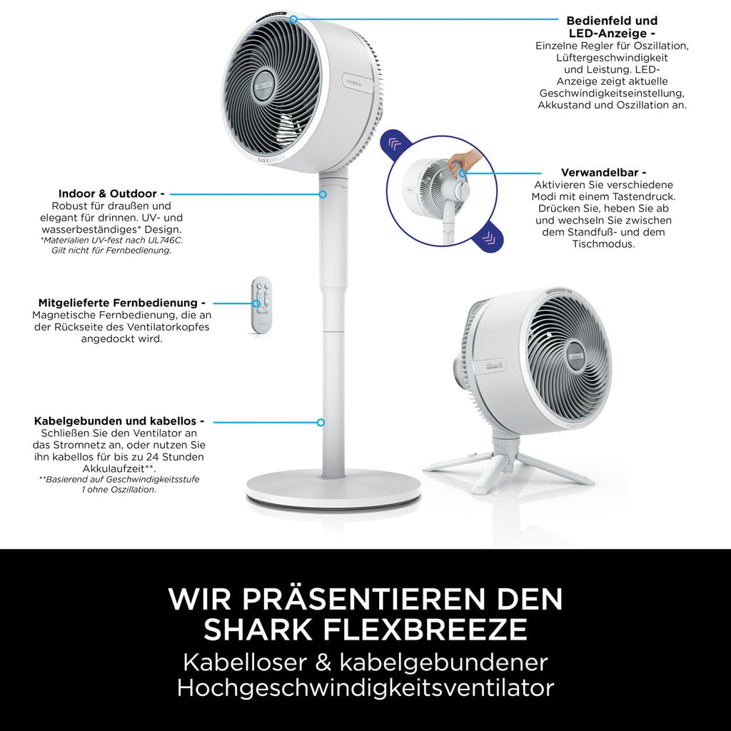 Shark FlexBreeze Ventilator Leise, Hybrid Ventilator Kabelgebunden & Kabellos, Tragbar, für Innen- und Außenbereich, UV- & Wasserbeständig, Ultraleistungsstark, Ultraleise, Weiß FA220EU