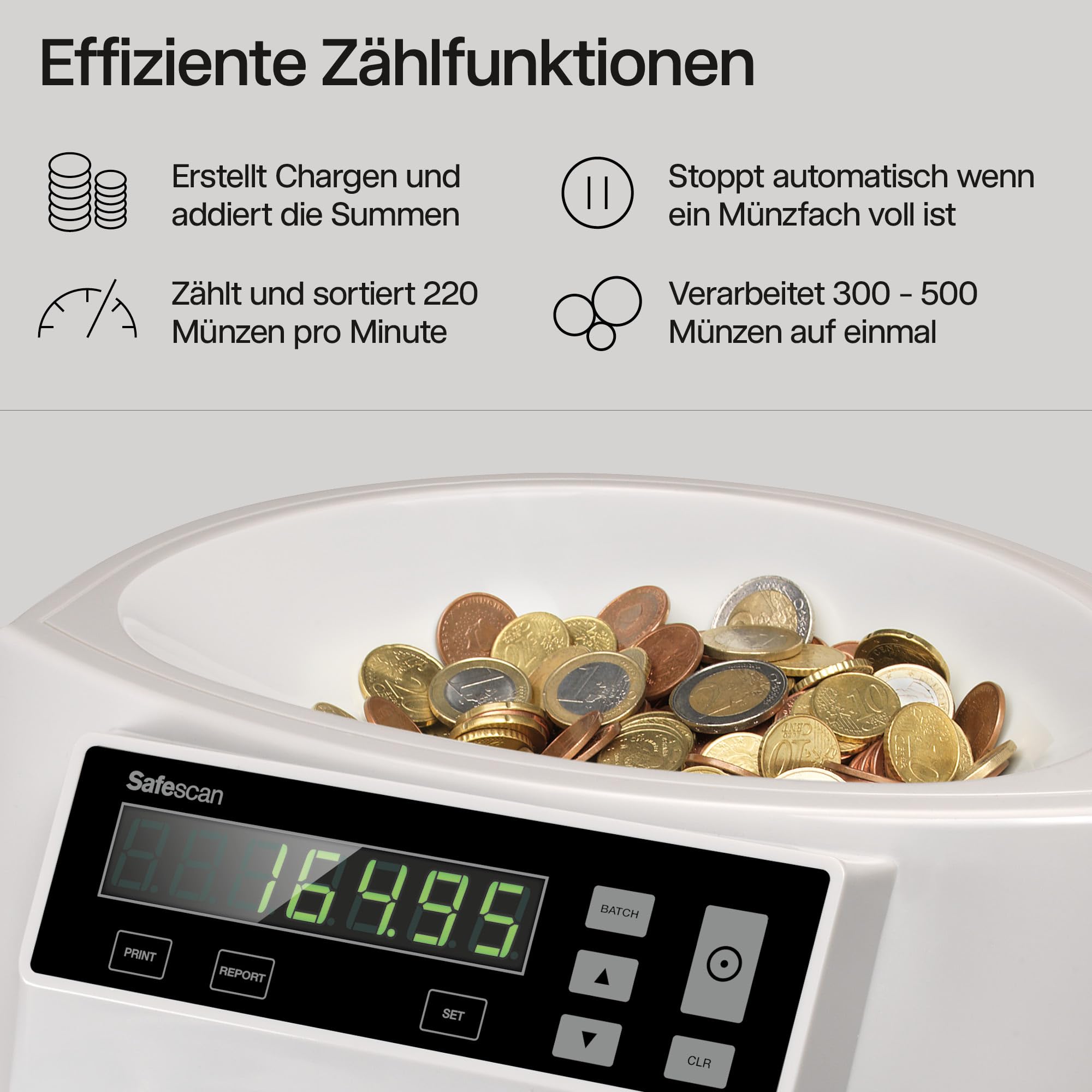 Safescan 1250 EUR Münzzähler, der gemischte EUR-Münzen schnell zählt und sortiert - Münzsortierer, sortiert Münzen nach Stückelung - Geldzählmaschine für das Zählen von Münzen