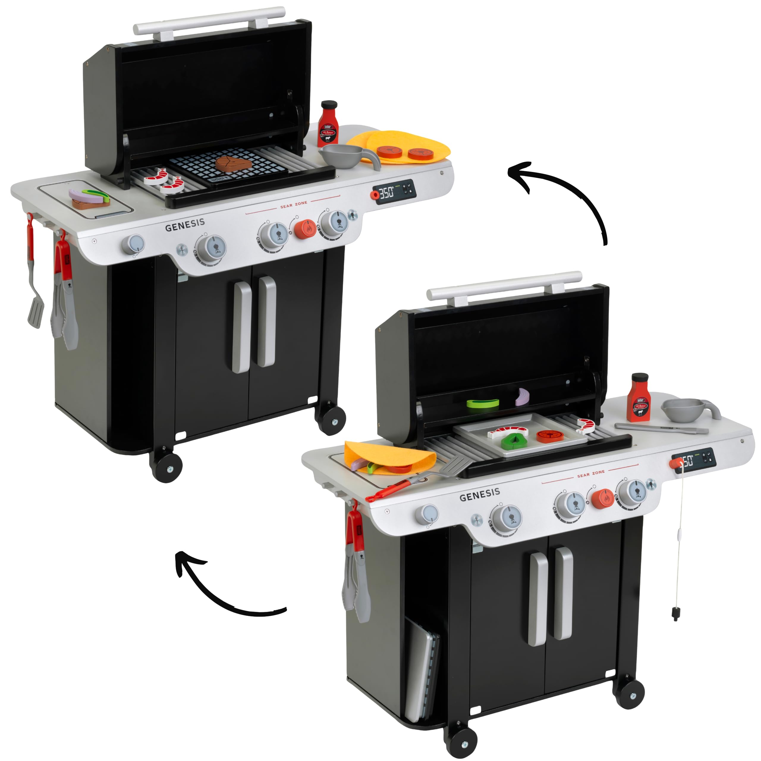 Theo Klein 9445 Weber Grill Genesis aus Holz inklusive Einsätze für Steak, Pizza oder Gemüse Mit Food-Attrappen und Grillbesteck Spielzeug für Kinder ab 3 Jahren