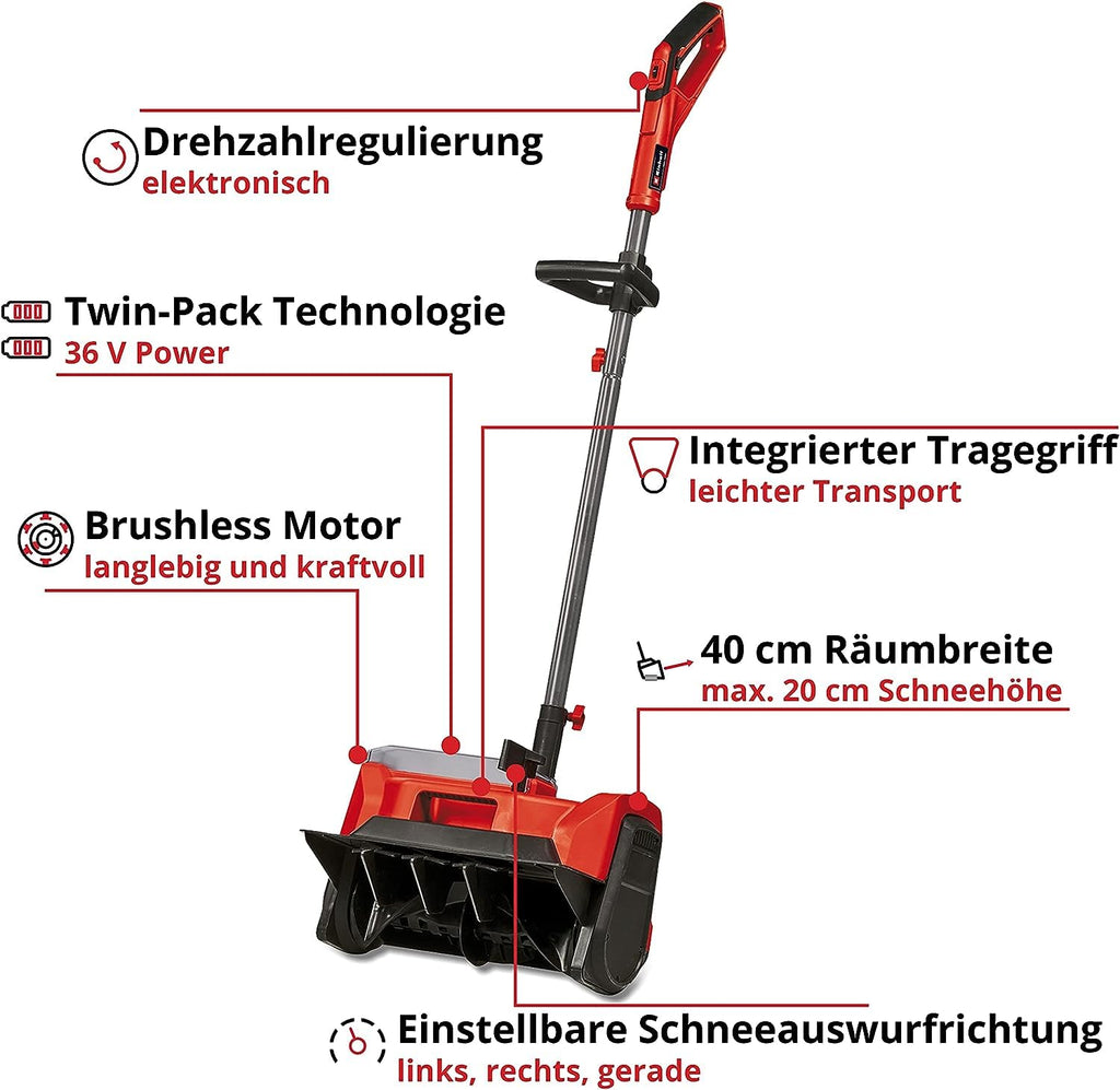 Einhell Akku-Schneefräse GE-ST 36/40 Li E-Solo Power X-Change (Li-Ion, 36 V, Arbeitsbreite 40 cm, max. Schneehöhe 20 cm, Lieferung ohne Akkus & ohne Ladegeräte)